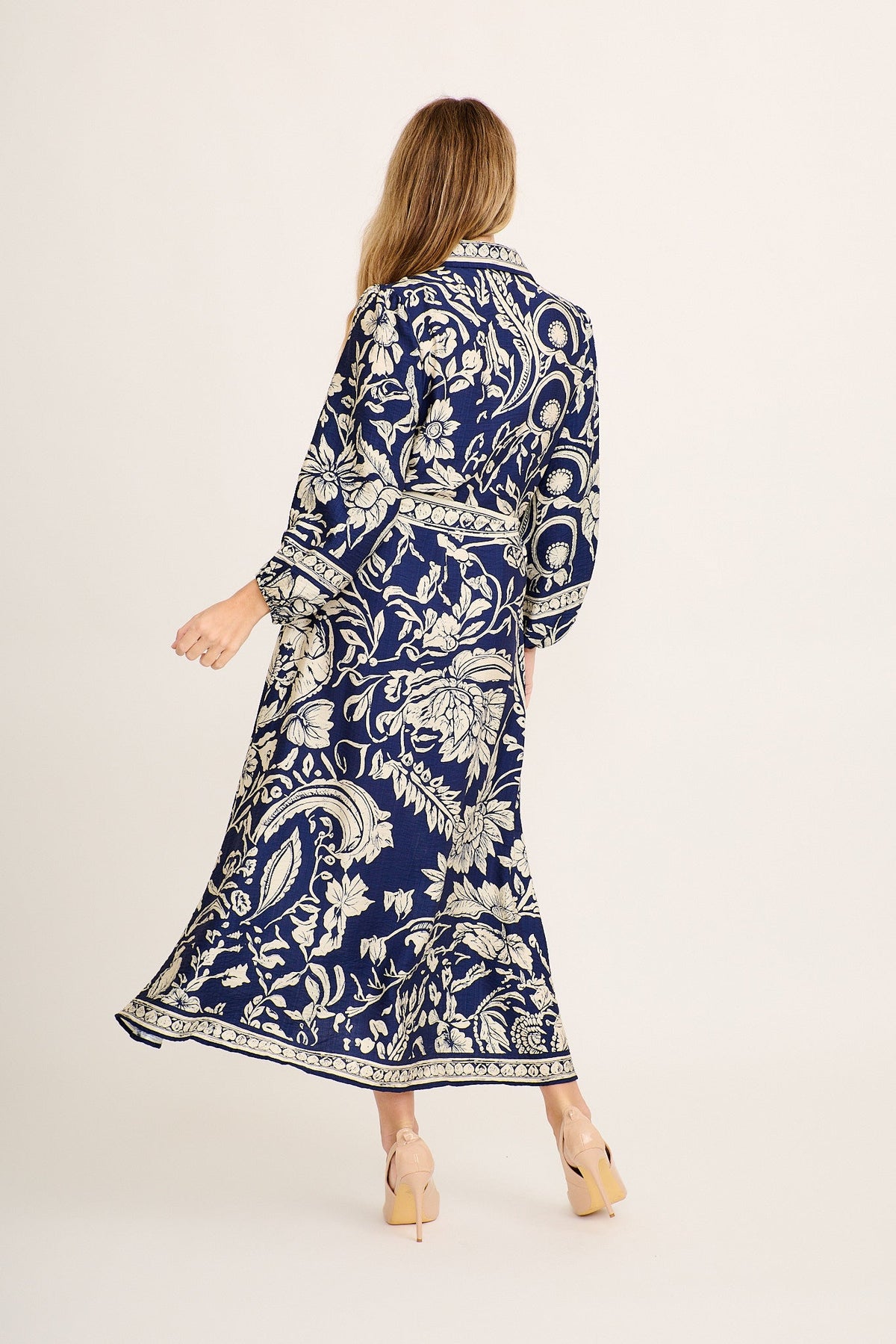 Aurelina Maxi Shirt Dress In Navy with Cream Floral Linen Blend