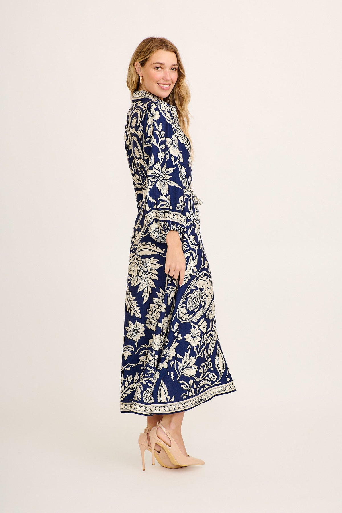 Aurelina Maxi Shirt Dress In Navy with Cream Floral Linen Blend