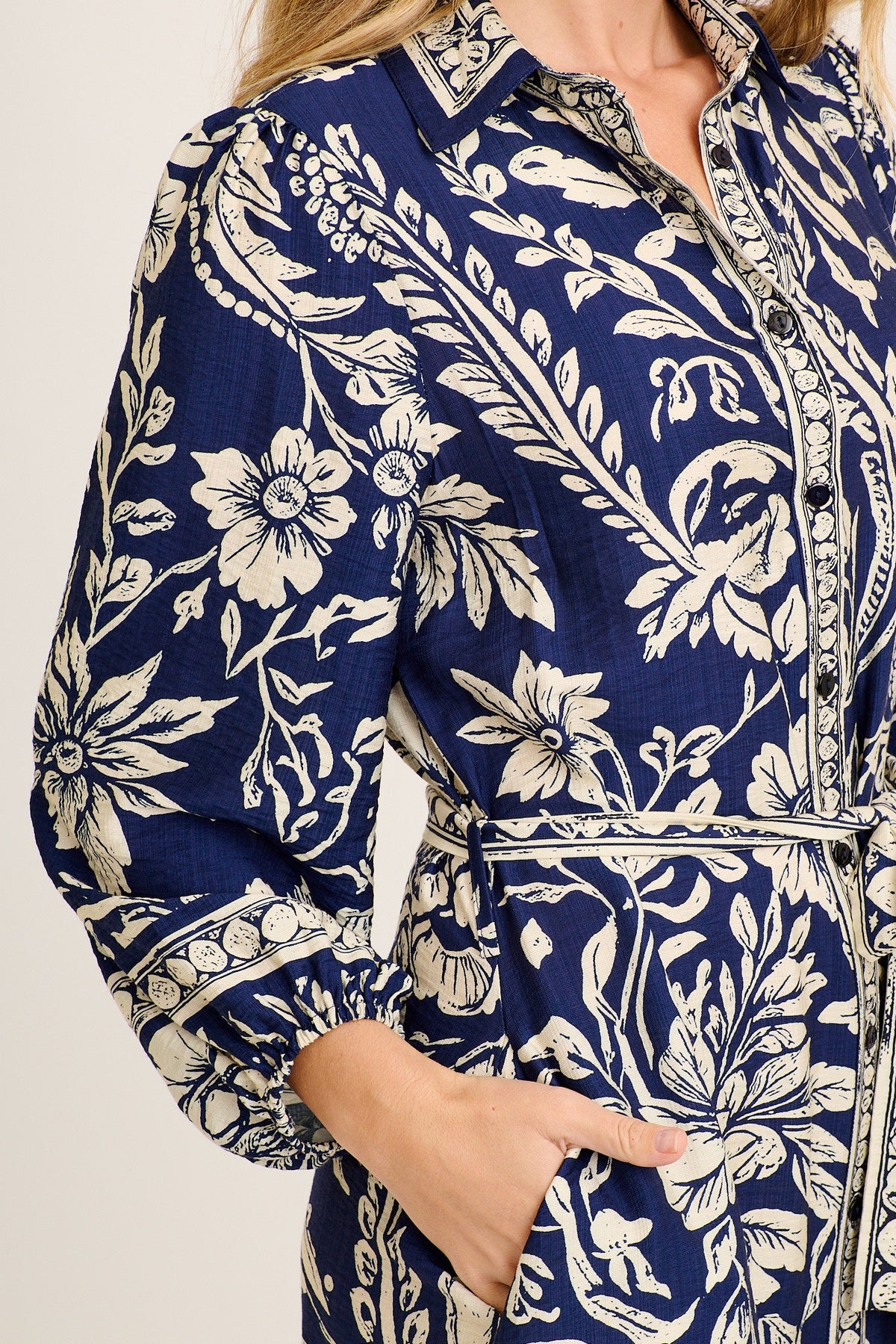 Aurelina Maxi Shirt Dress In Navy with Cream Floral Linen Blend