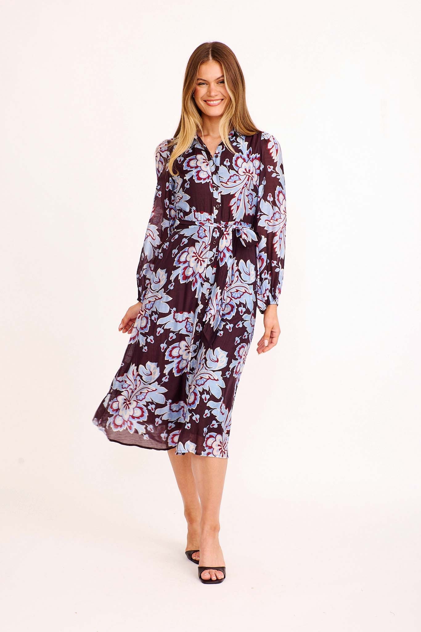 Calya Midi Shirt Dress in Plum with Blue Floral