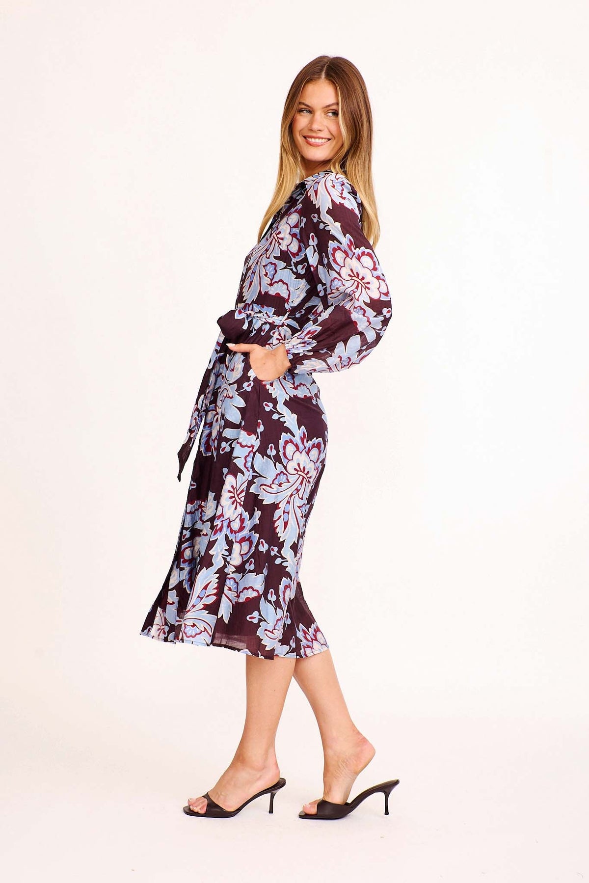 Calya Midi Shirt Dress in Plum with Blue Floral
