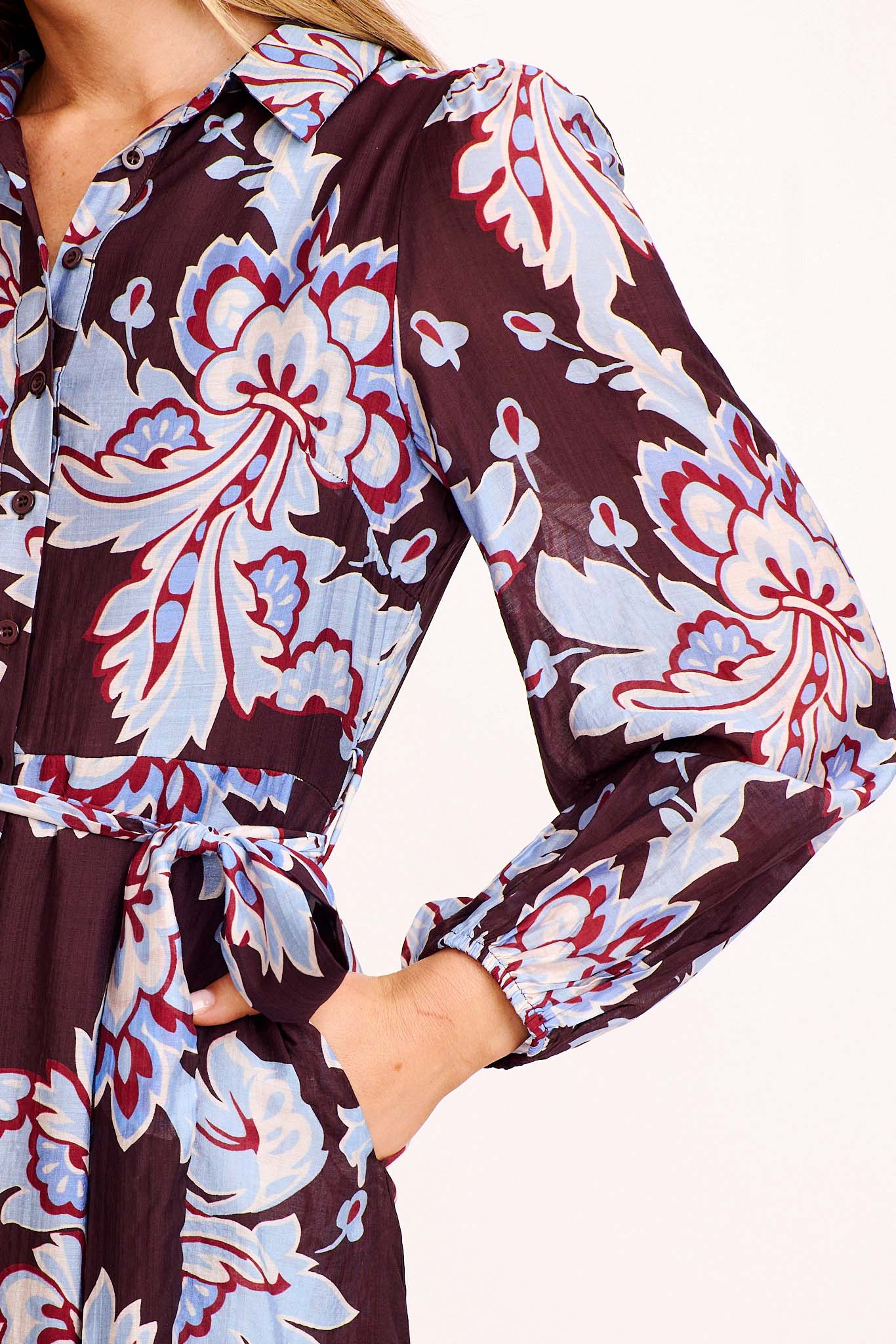 Calya Midi Shirt Dress in Plum with Blue Floral