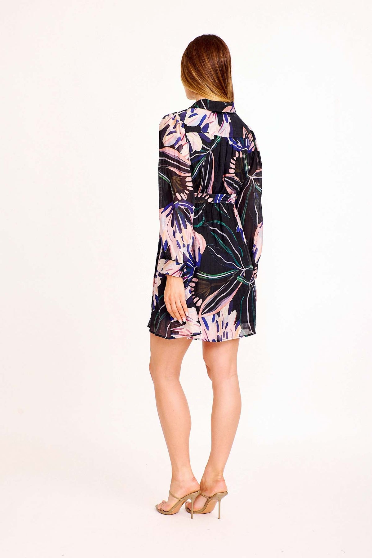 Aviva Shirt Dress in Black with Pink Floral Cotton Blend