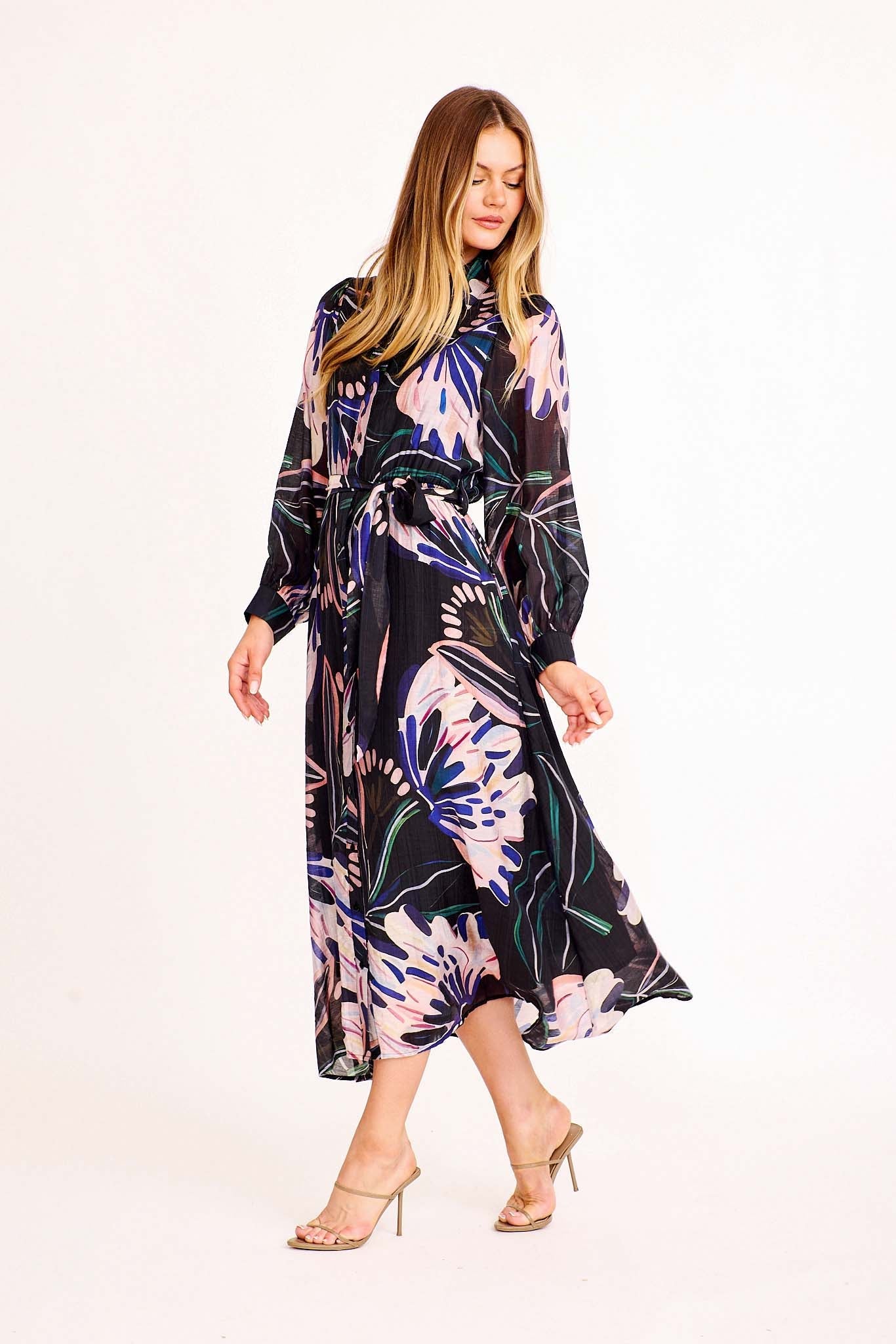 Arvella Midi Shirt Dress in Black with Pink Floral Cotton Blend