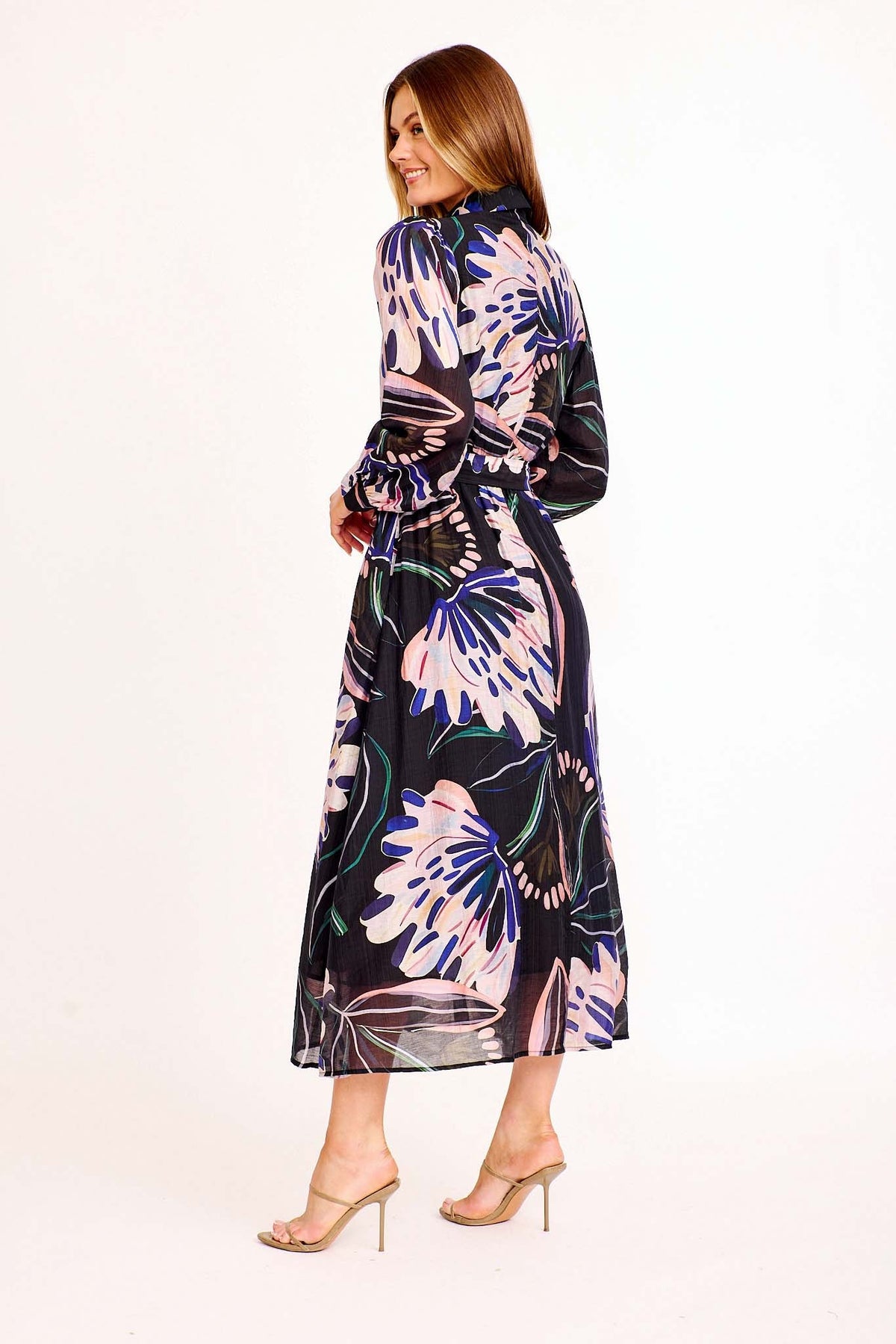 Arvella Midi Shirt Dress in Black with Pink Floral Cotton Blend