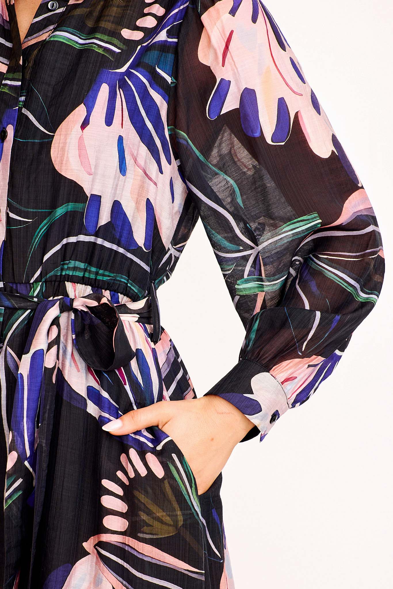 Arvella Midi Shirt Dress in Black with Pink Floral Cotton Blend