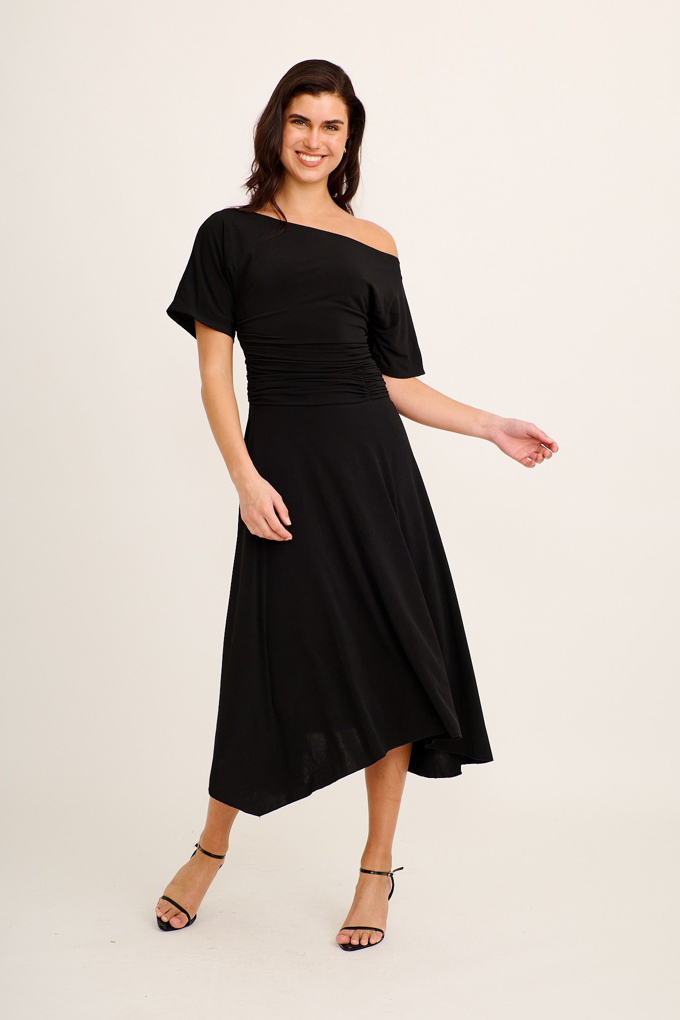 Bonnie Midi Off Shoulder Dress in Black Jersey
