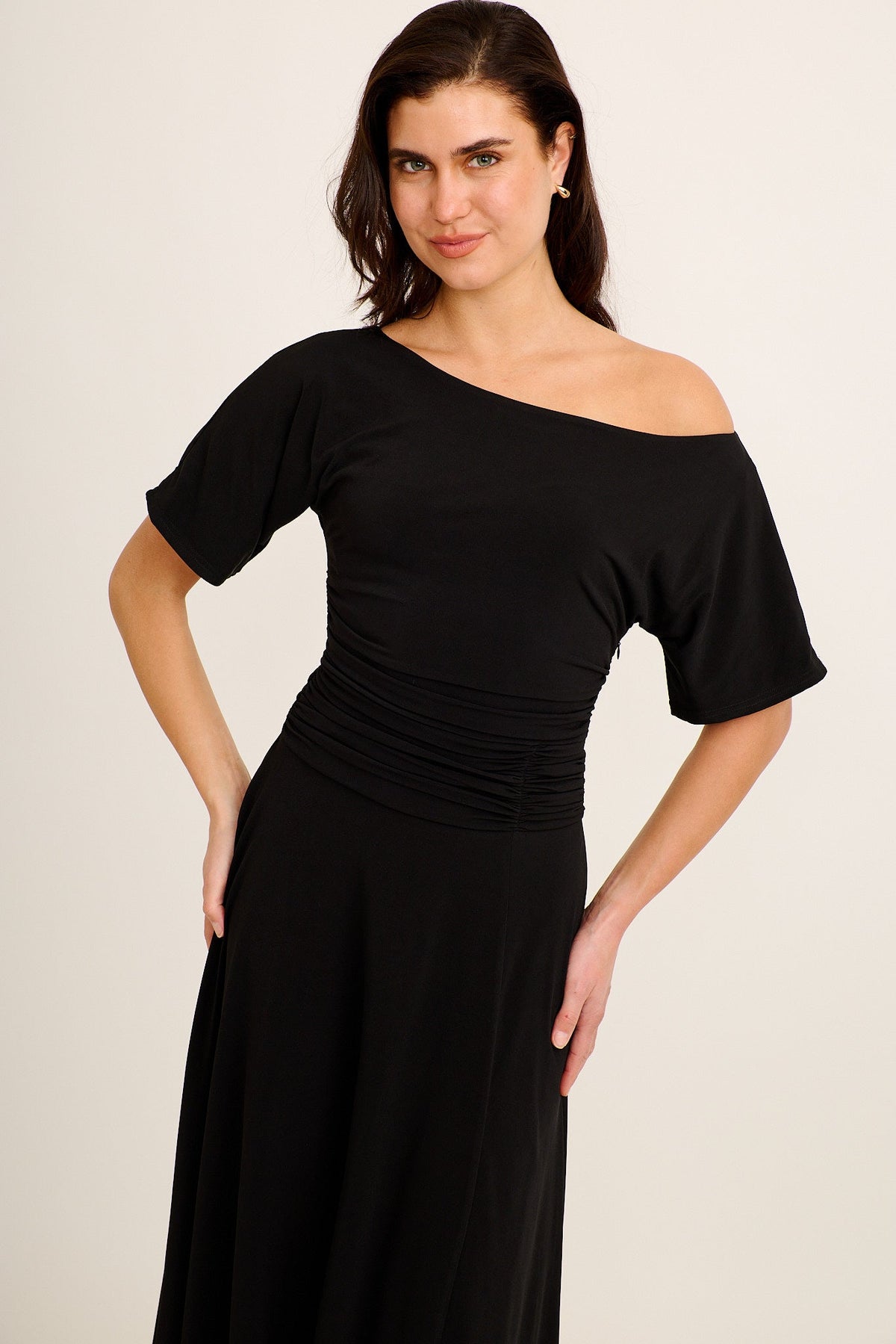 Bonnie Midi Off Shoulder Dress in Black Jersey
