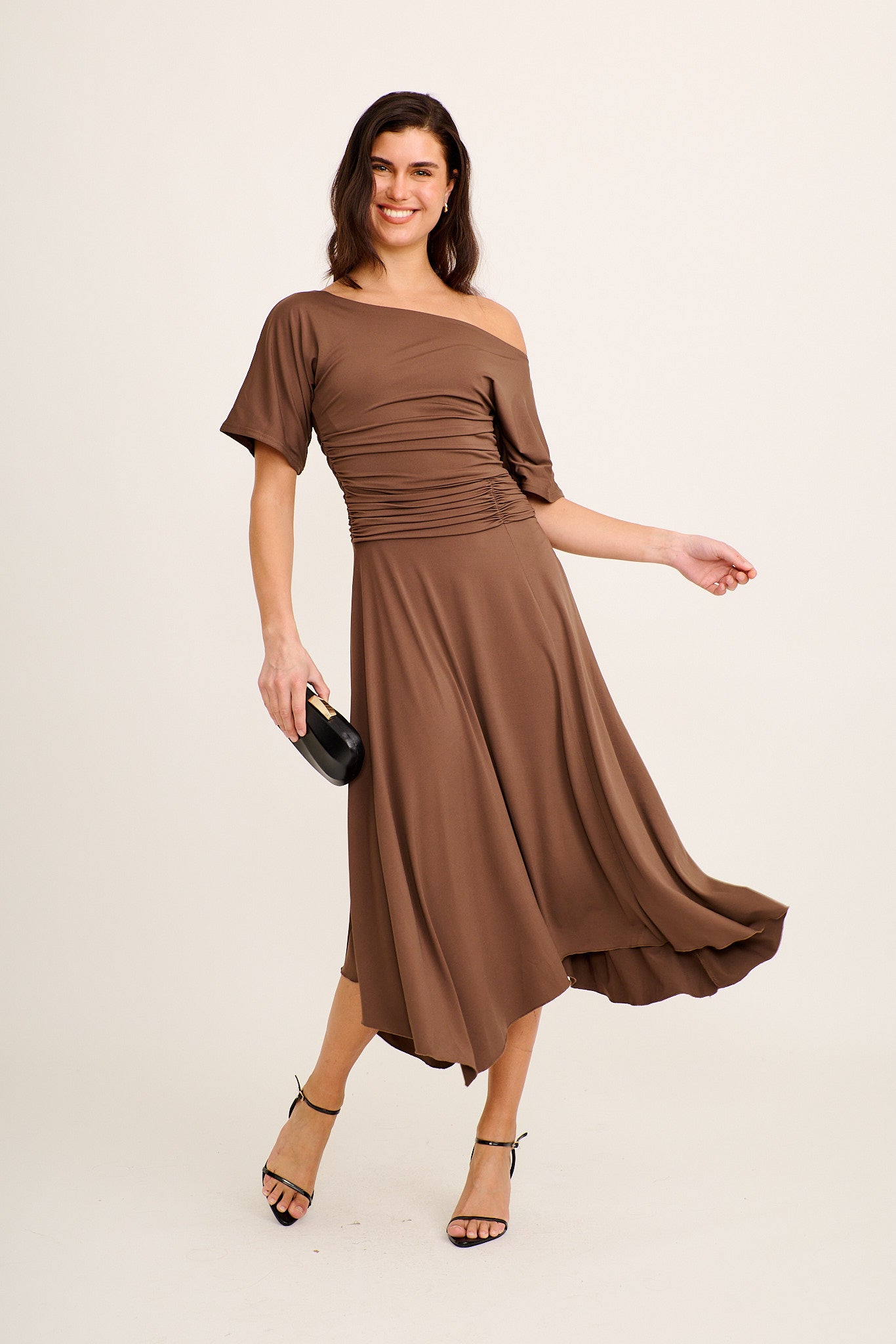 Bonnie Midi Off Shoulder Dress in Chocolate Jersey