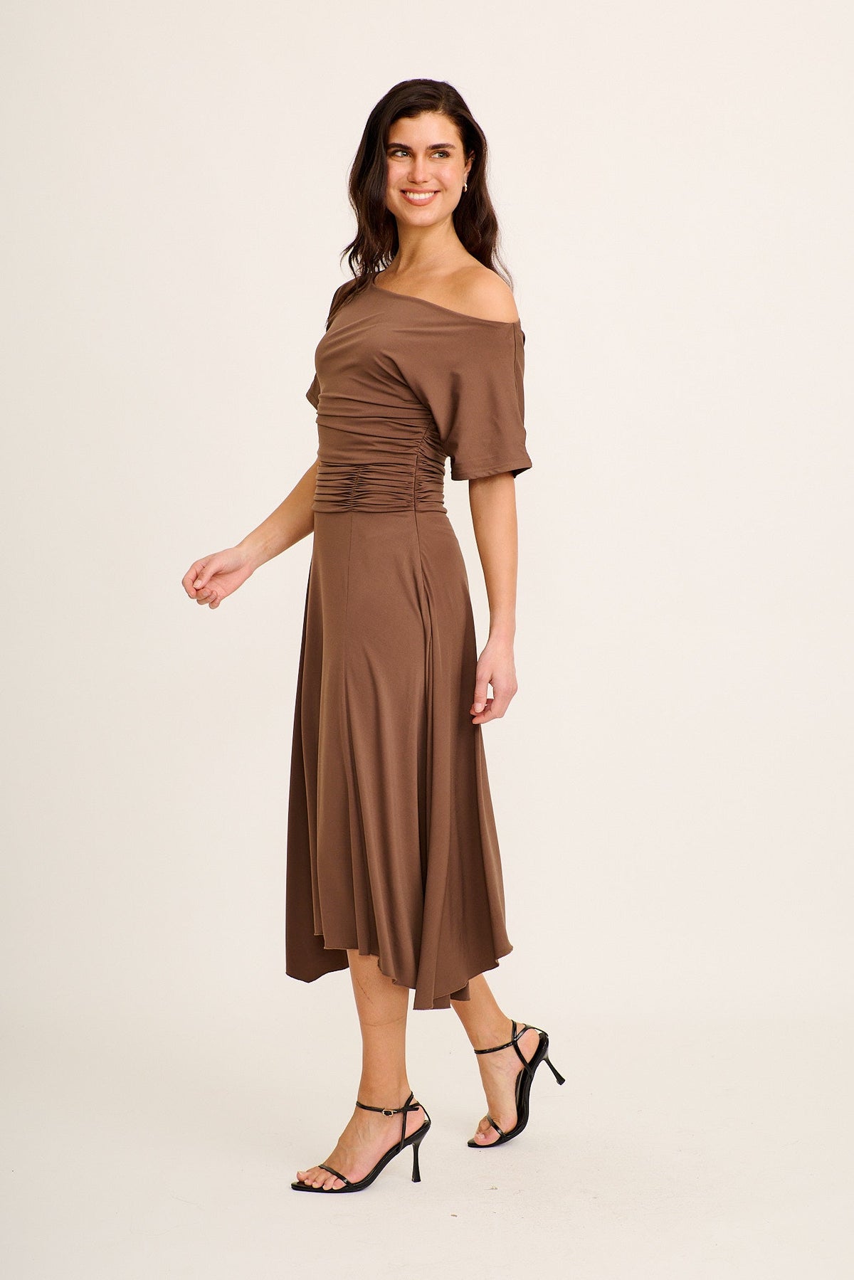 Bonnie Midi Off Shoulder Dress in Chocolate Jersey