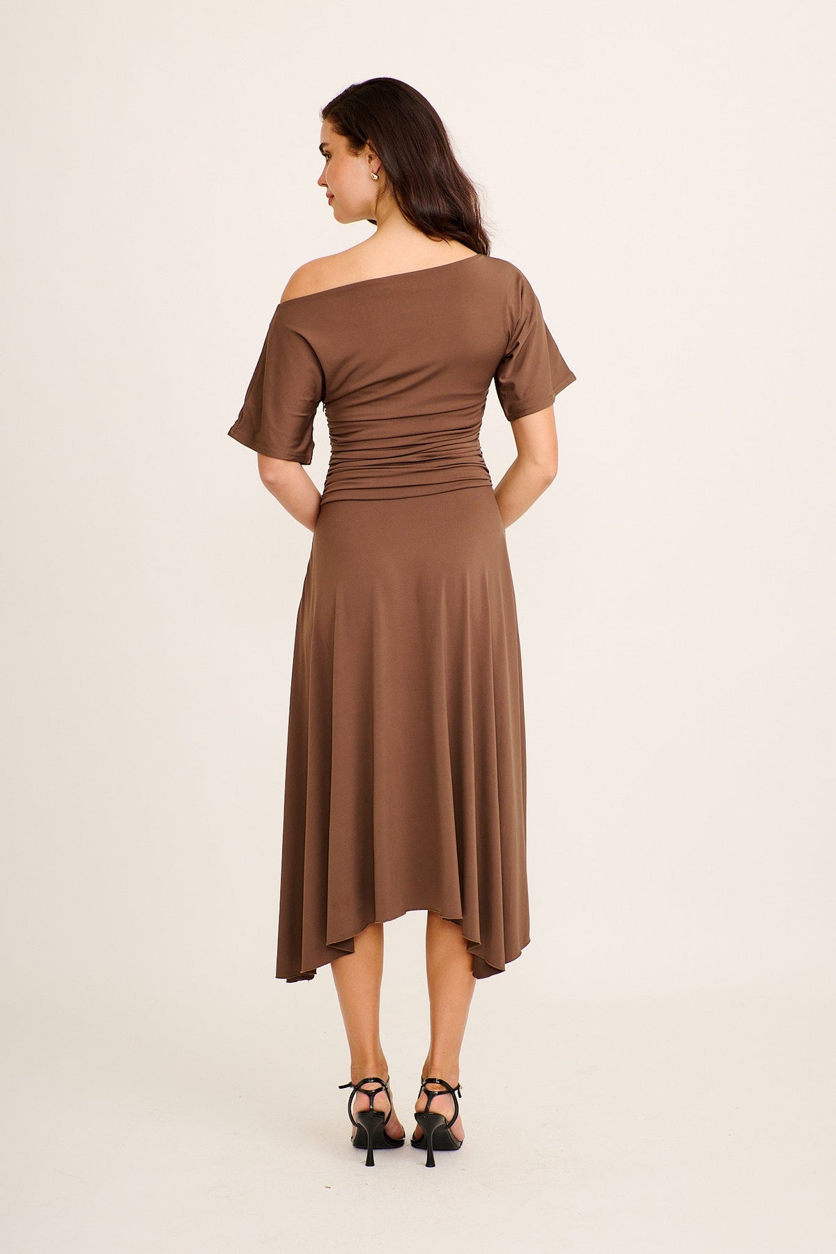 Bonnie Midi Off Shoulder Dress in Chocolate Jersey