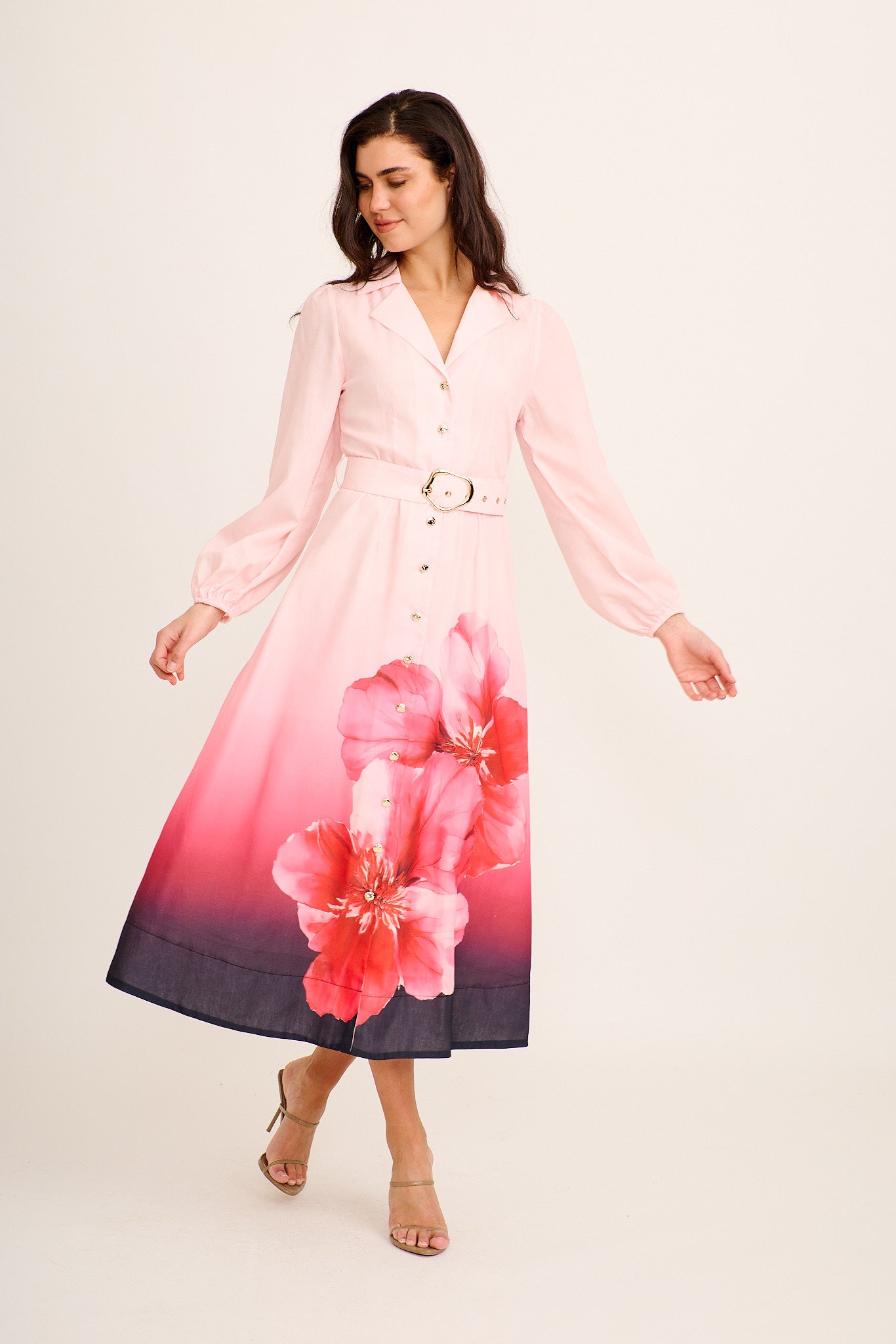 Castella Midi Shirt Dress in Pink Floral Cotton Blend