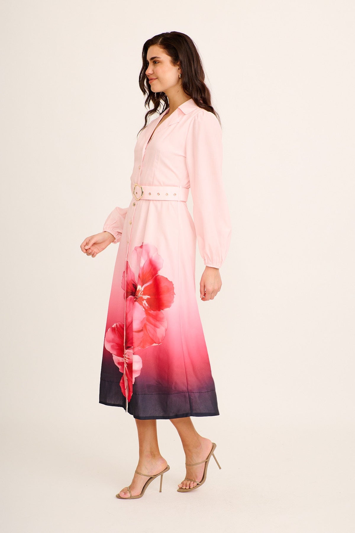 Castella Midi Shirt Dress in Pink Floral Cotton Blend
