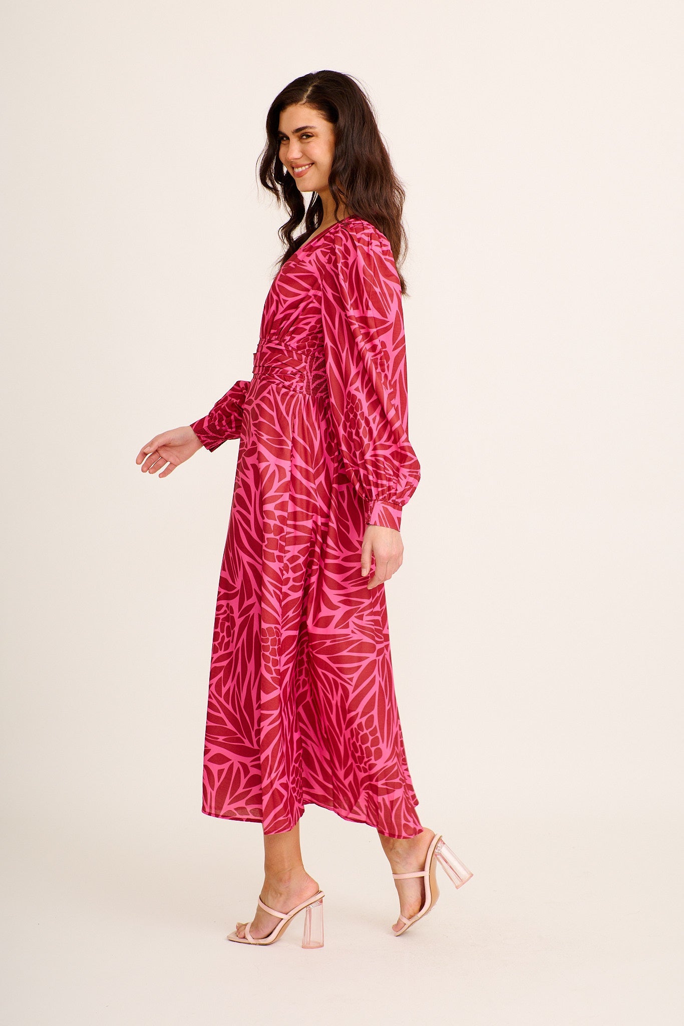 Aya Maxi Dress in Wine with Pink Print