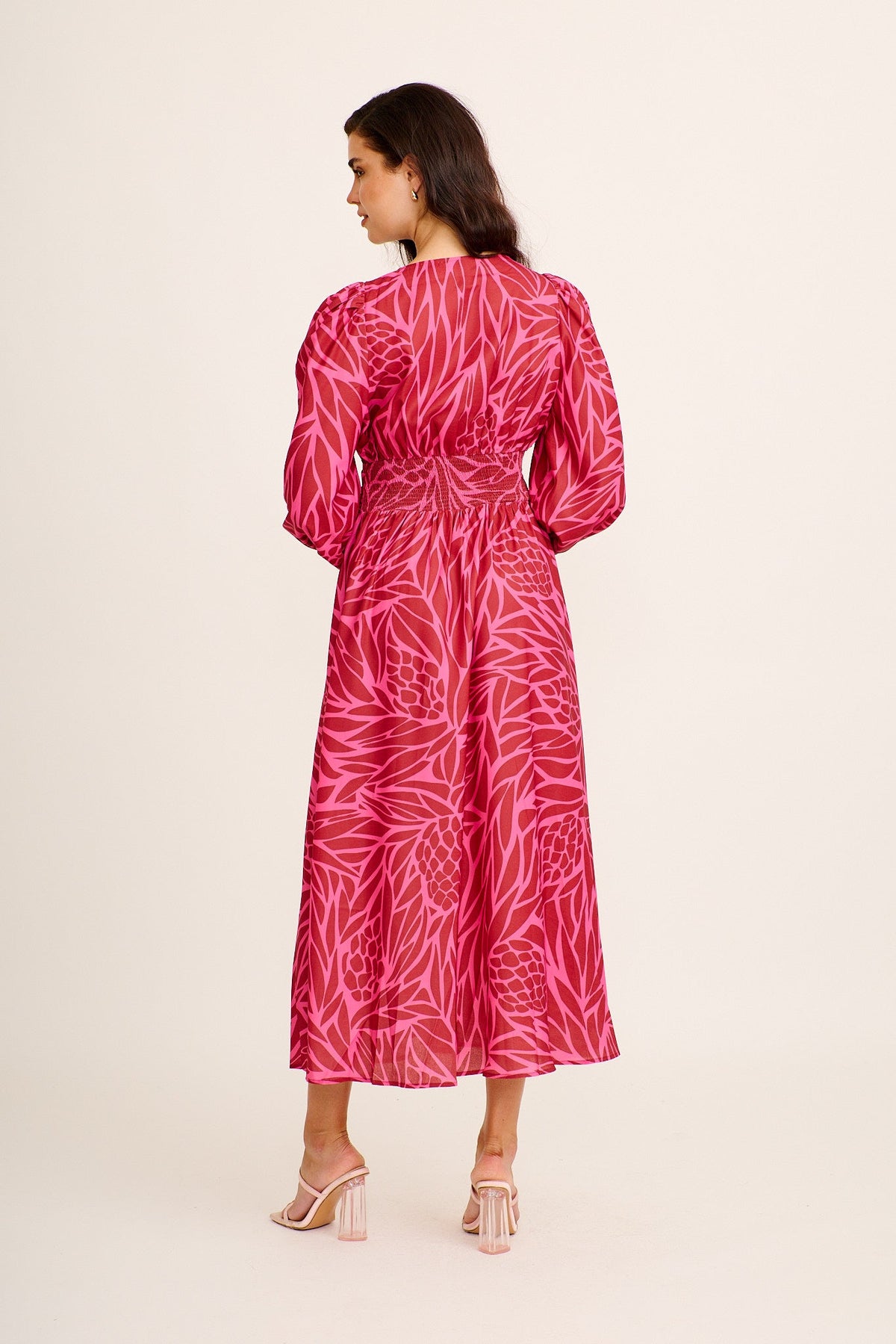 Aya Maxi Dress in Wine with Pink Print