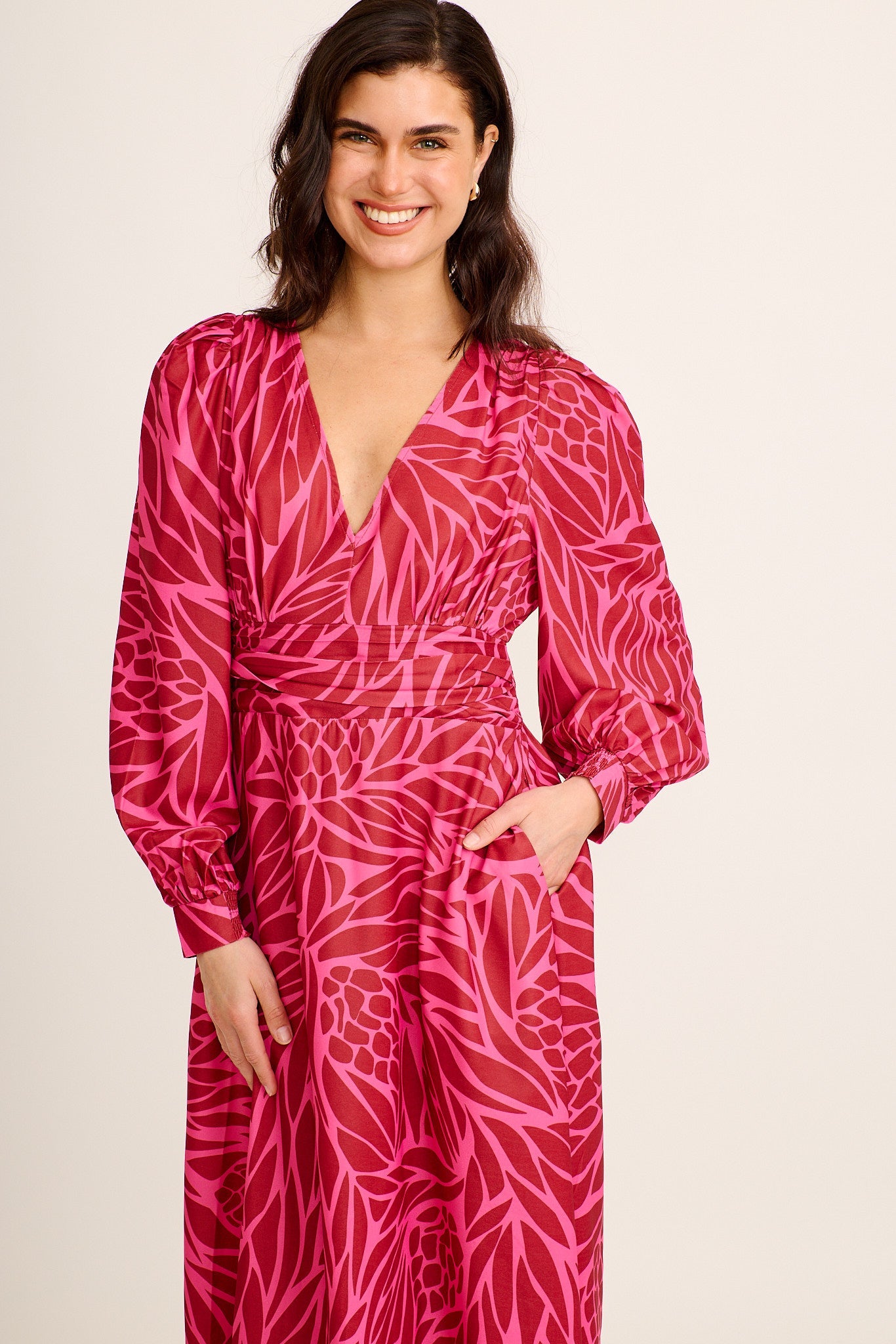 Aya Maxi Dress in Wine with Pink Print