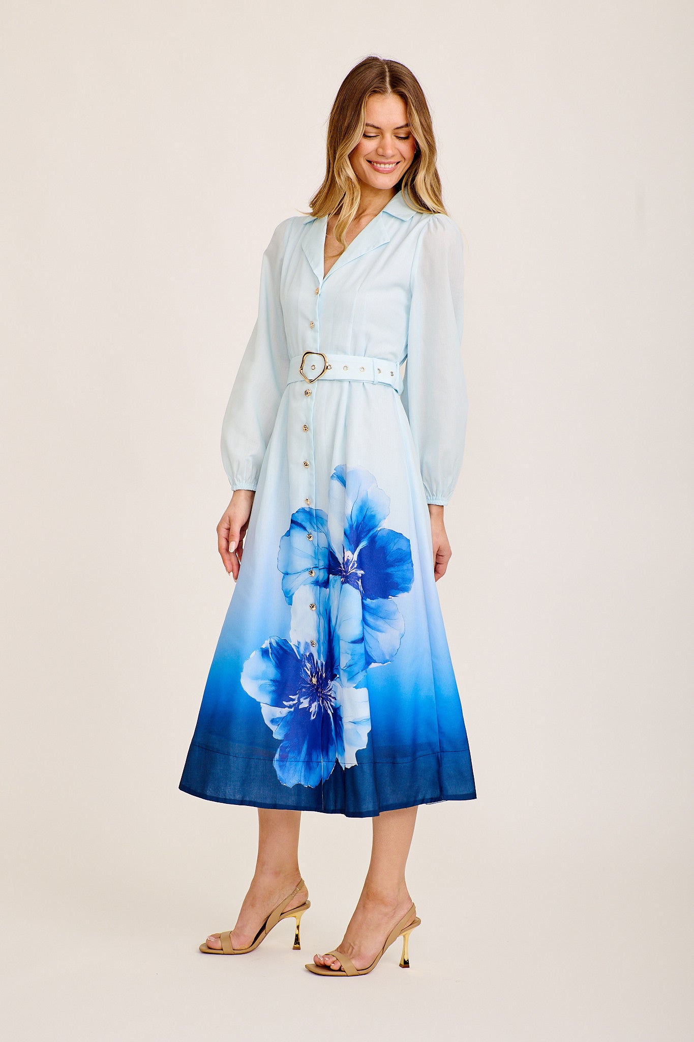 Castella Midi Shirt Dress in Blue Floral Cotton Blend