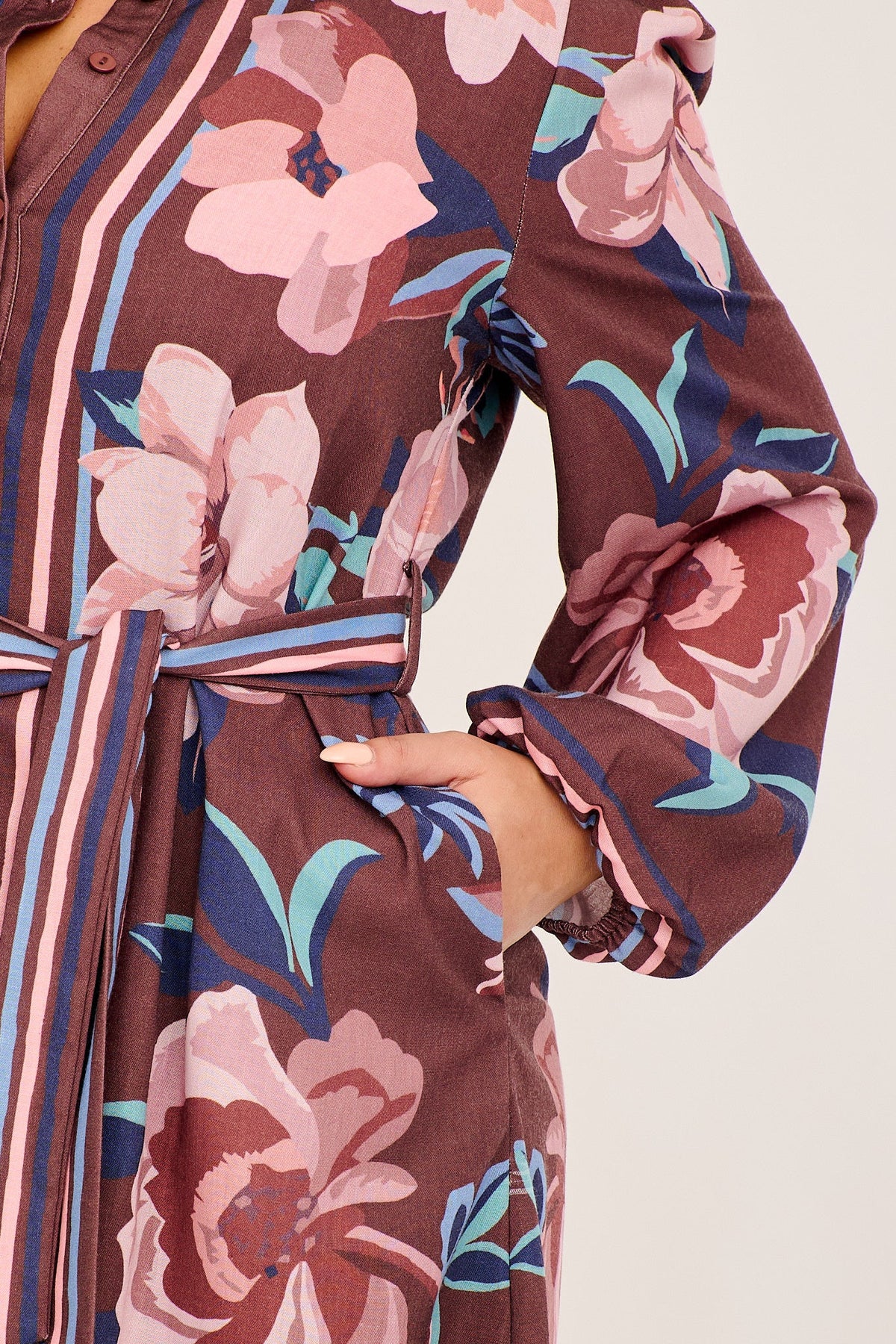 Caylee Shirt Dress in Chocolate Border Print Linen Blend