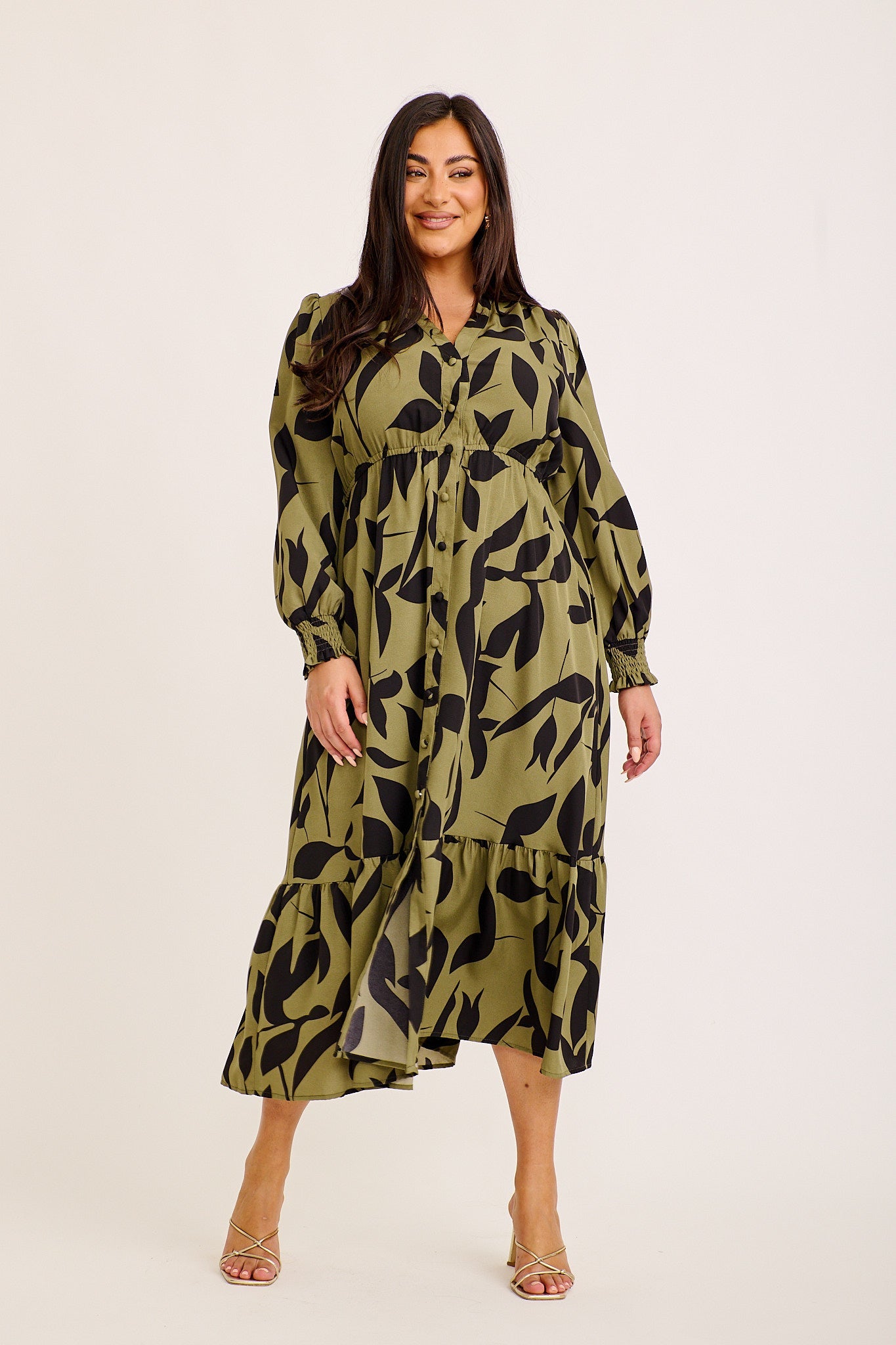 Ashford Midi Dress in Green with Black Print