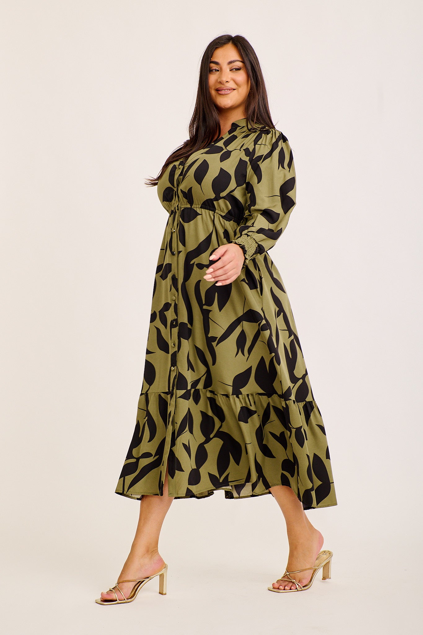 Ashford Midi Dress in Green with Black Print