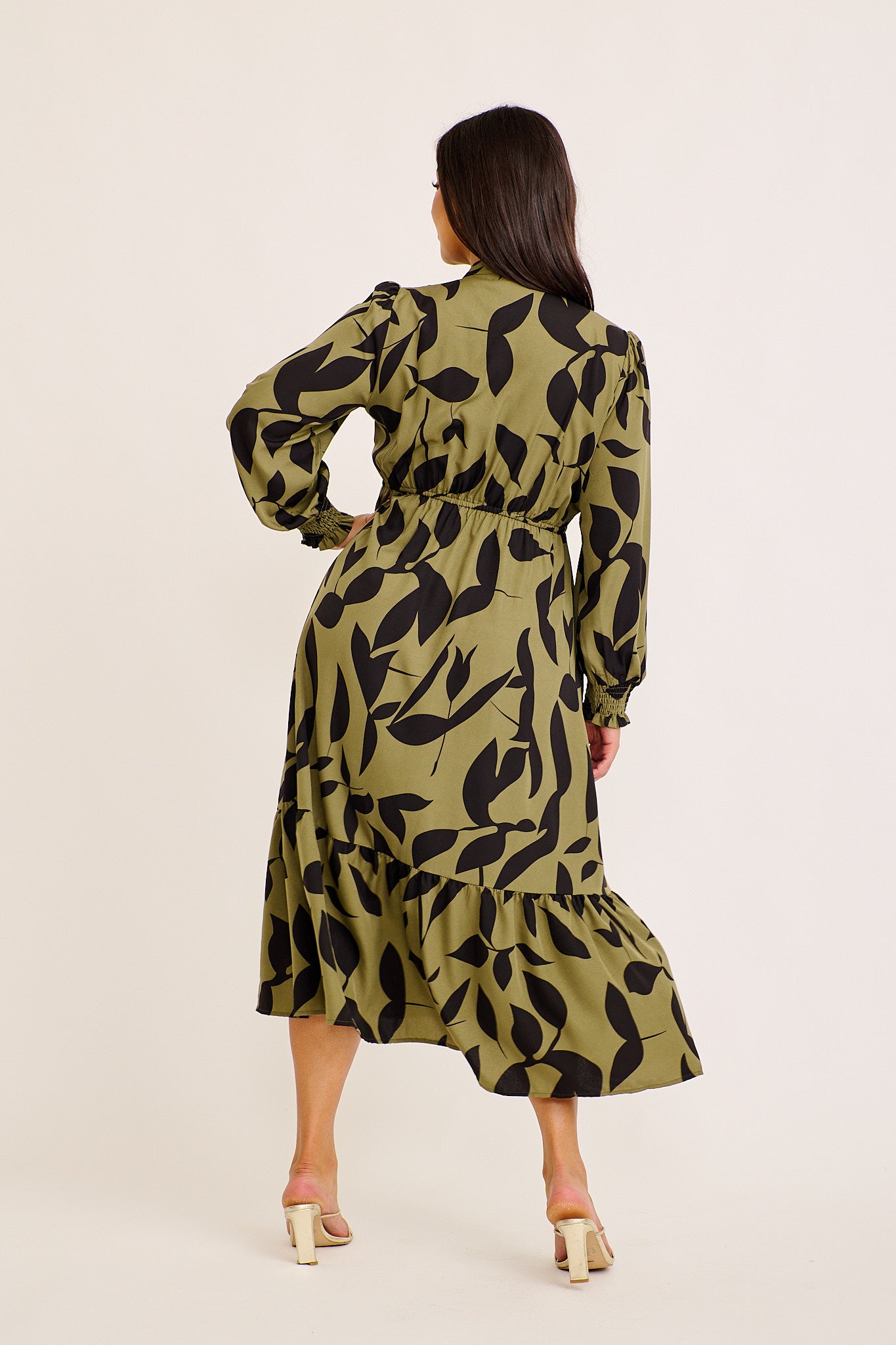 Ashford Midi Dress in Green with Black Print