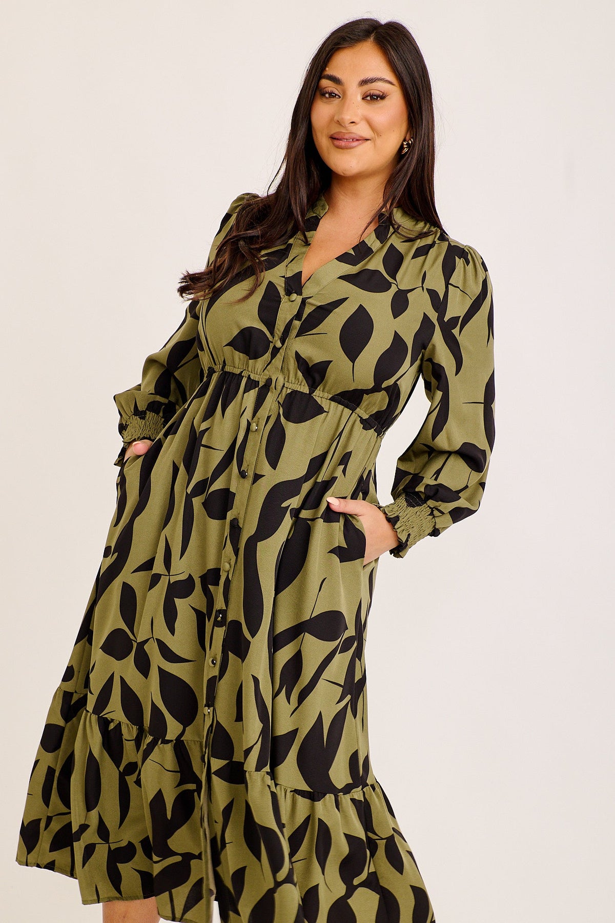 Ashford Midi Dress in Green with Black Print