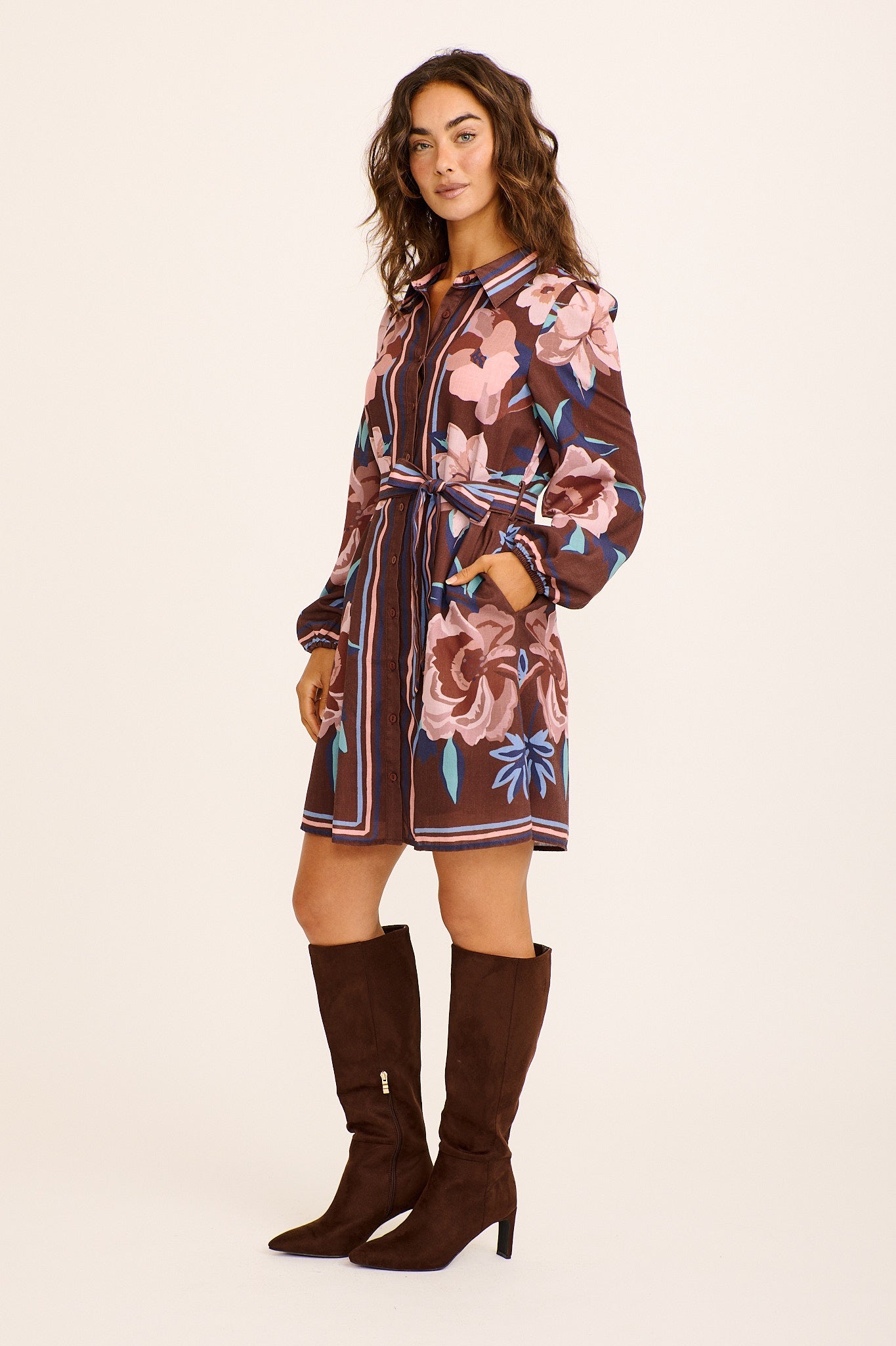 Caylee Shirt Dress in Chocolate Border Print Linen Blend