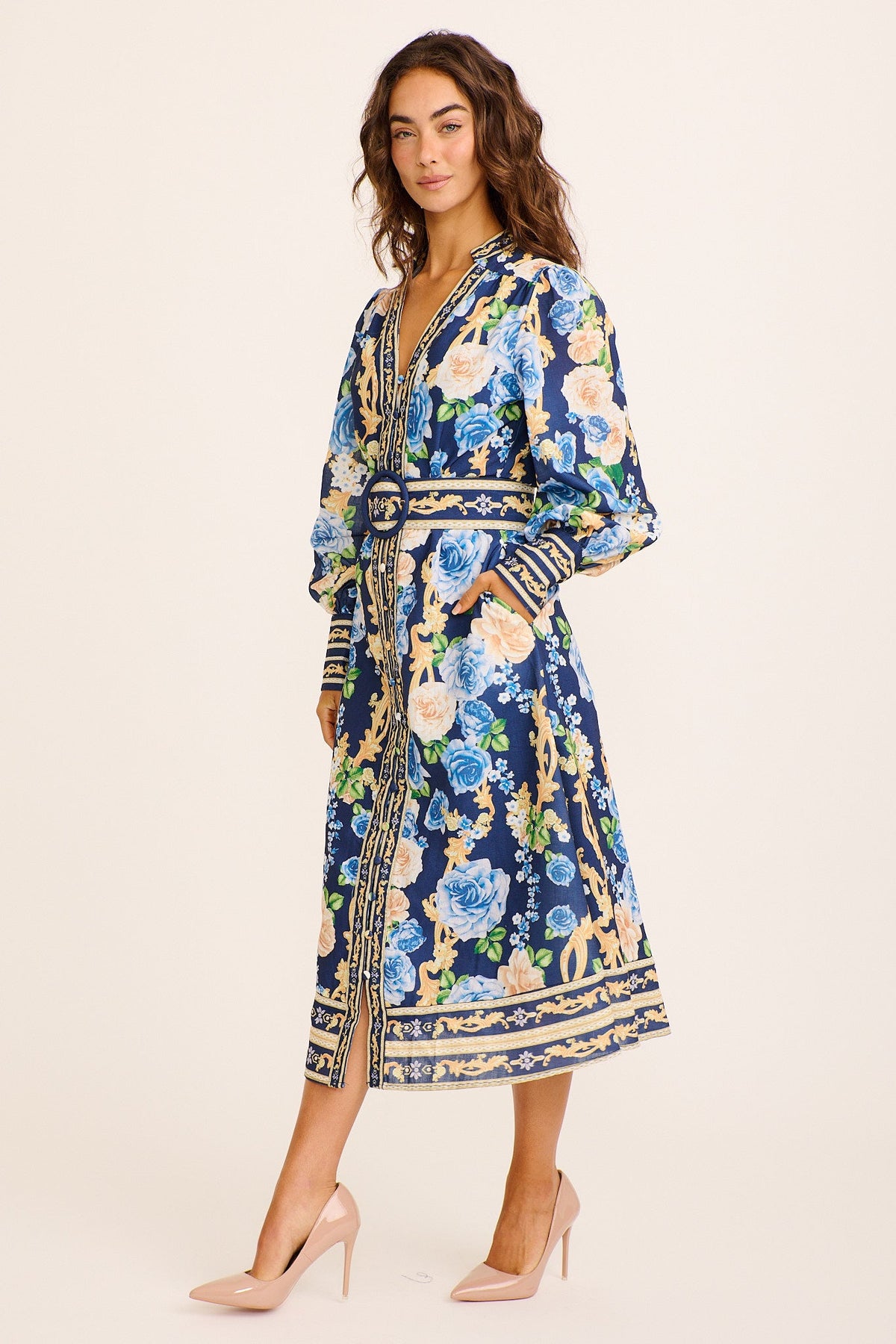 Capri Belle Midi Dress in Navy with Blue Floral