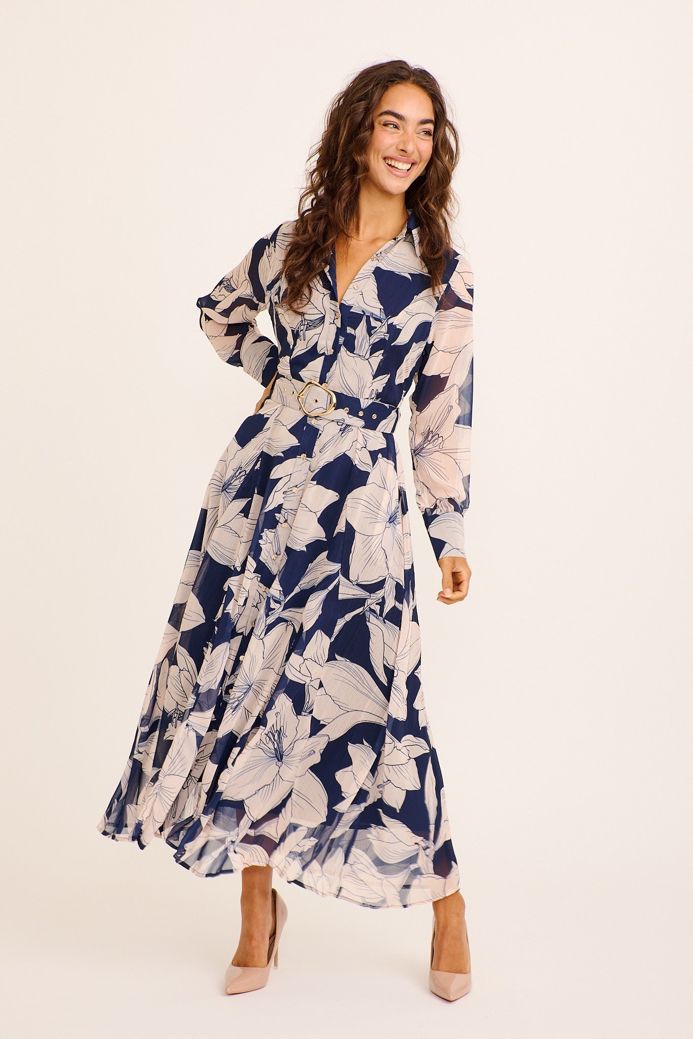 Aryanne Maxi Shirt Dress in Navy and Cream Floral Chiffon