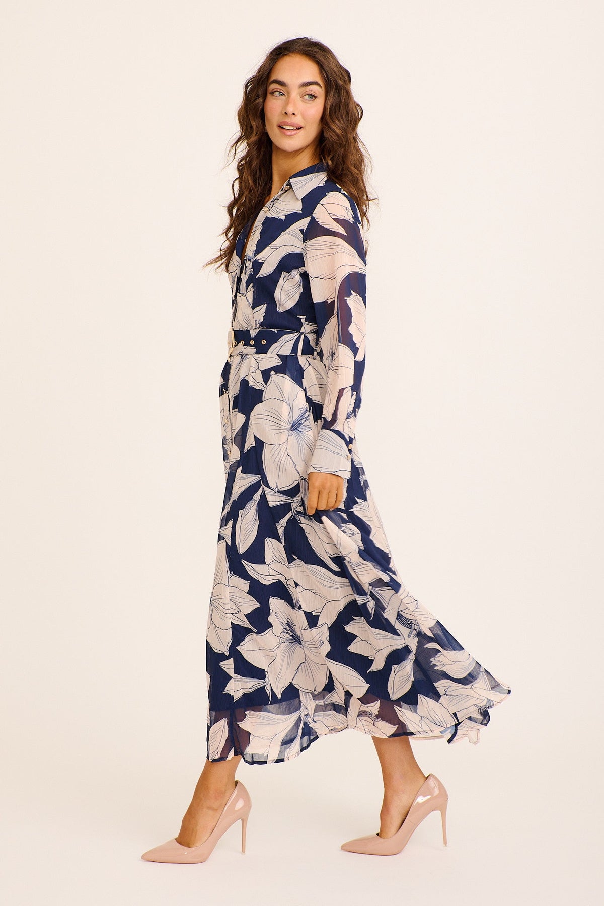 Aryanne Maxi Shirt Dress in Navy and Cream Floral Chiffon