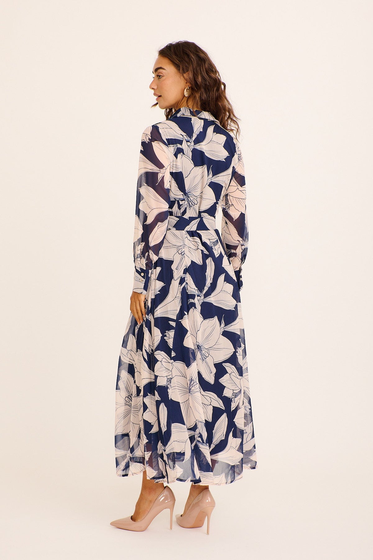 Aryanne Maxi Shirt Dress in Navy and Cream Floral Chiffon