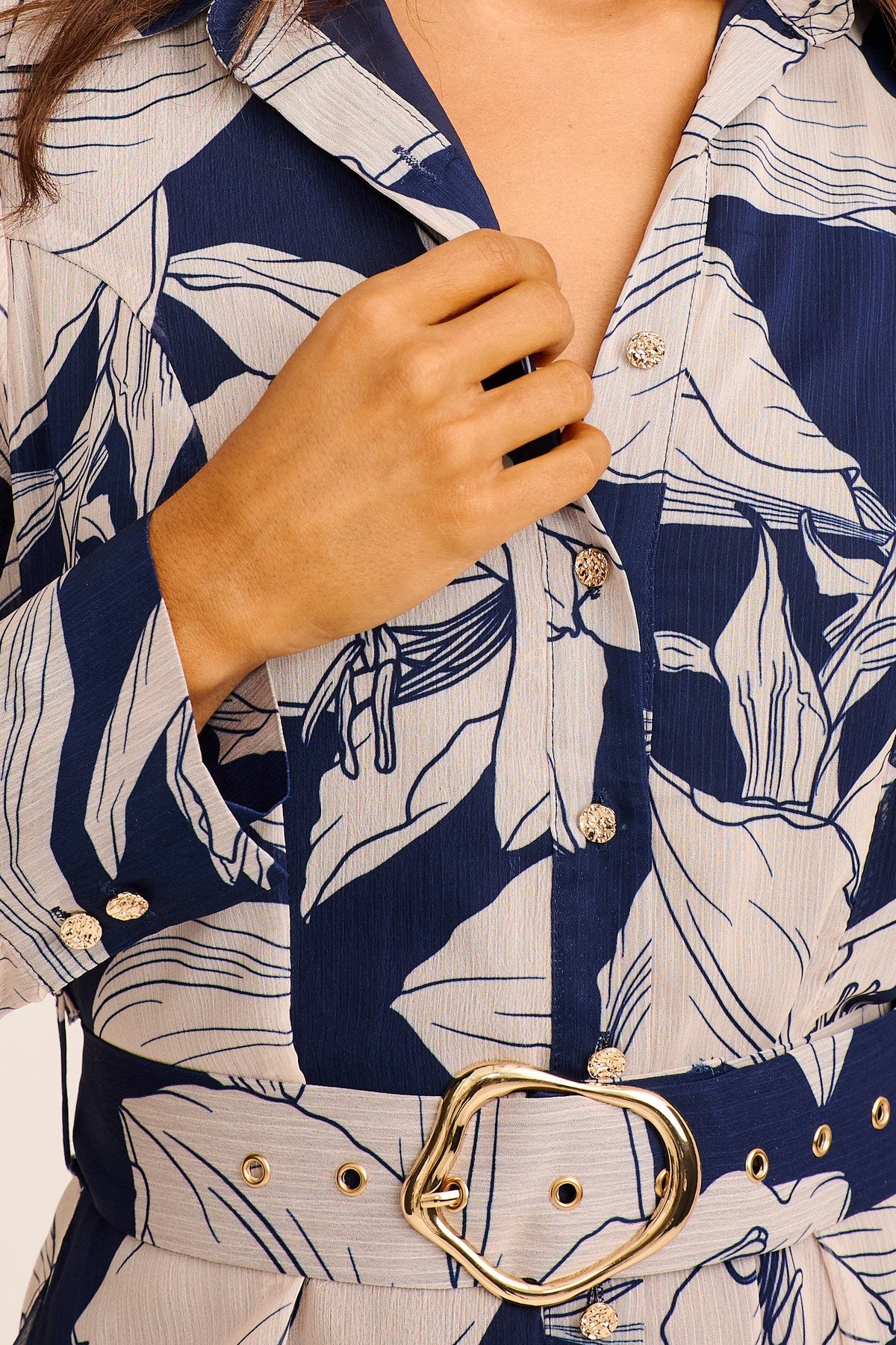 Aryanne Maxi Shirt Dress in Navy and Cream Floral Chiffon