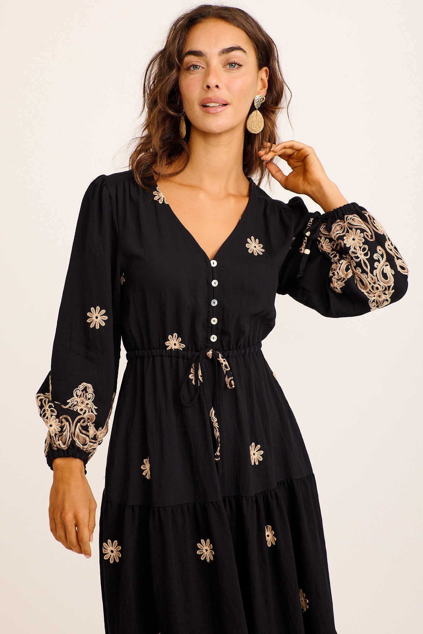 Cantine Midi Dress in Black with Chocolate Embroidery