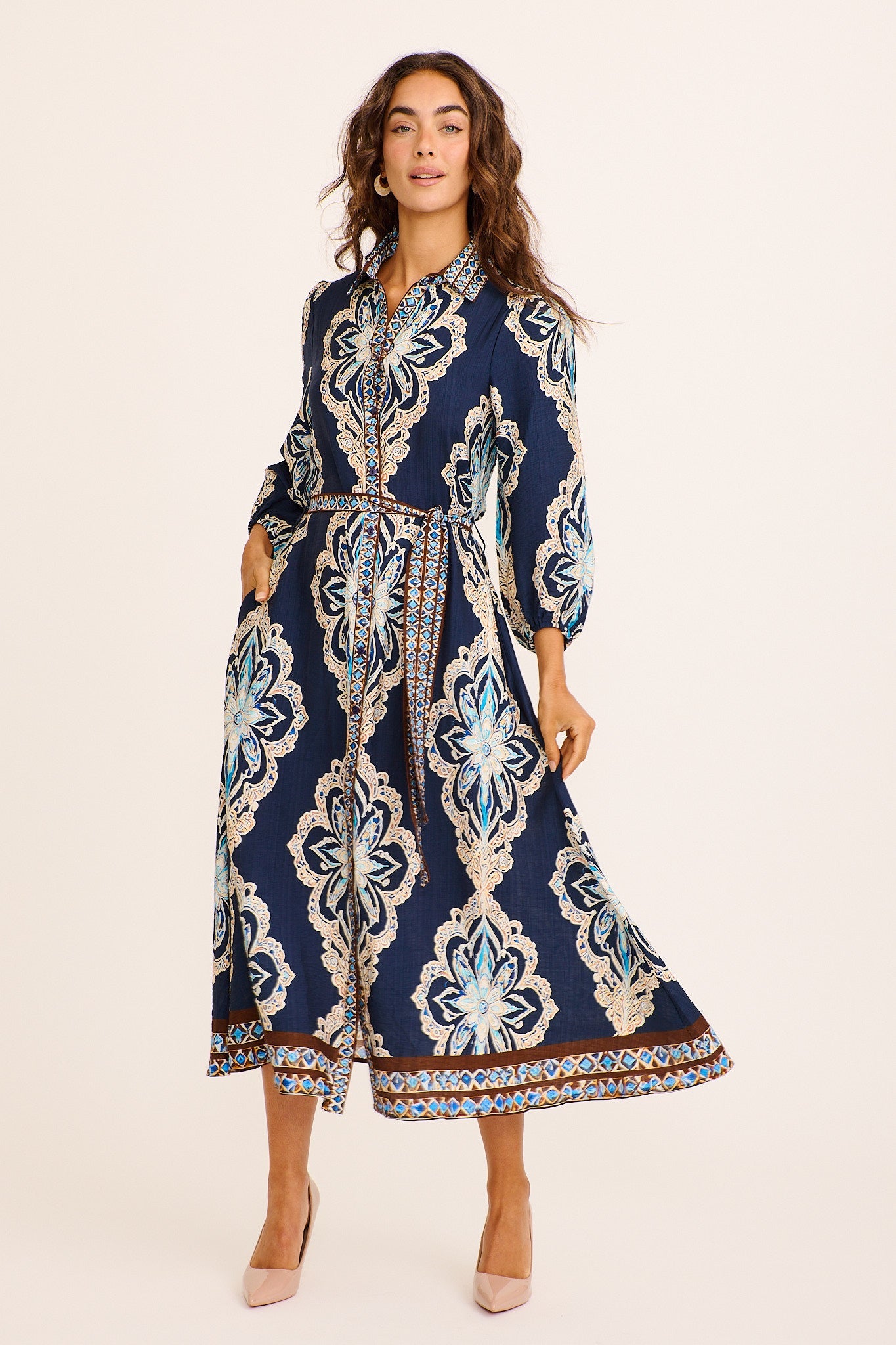 Aurelina Maxi Shirt Dress in Navy Placement Print Linen Blend