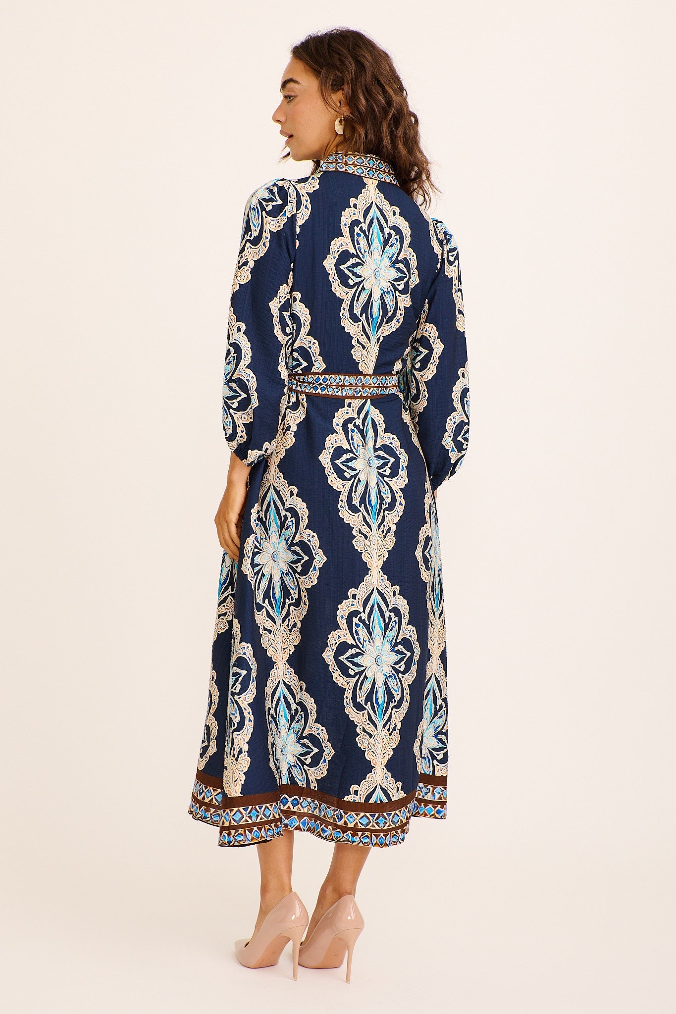 Aurelina Maxi Shirt Dress in Navy Placement Print Linen Blend