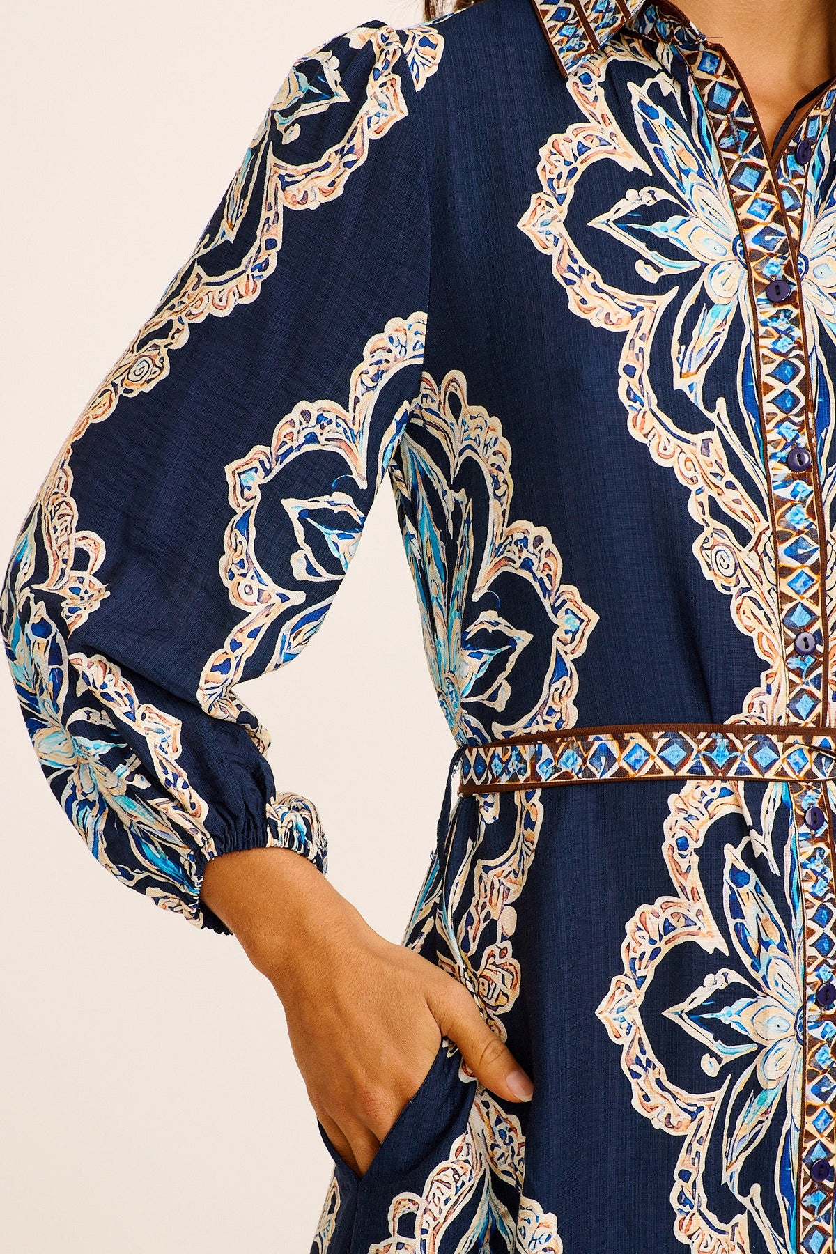 Aurelina Maxi Shirt Dress in Navy Placement Print Linen Blend