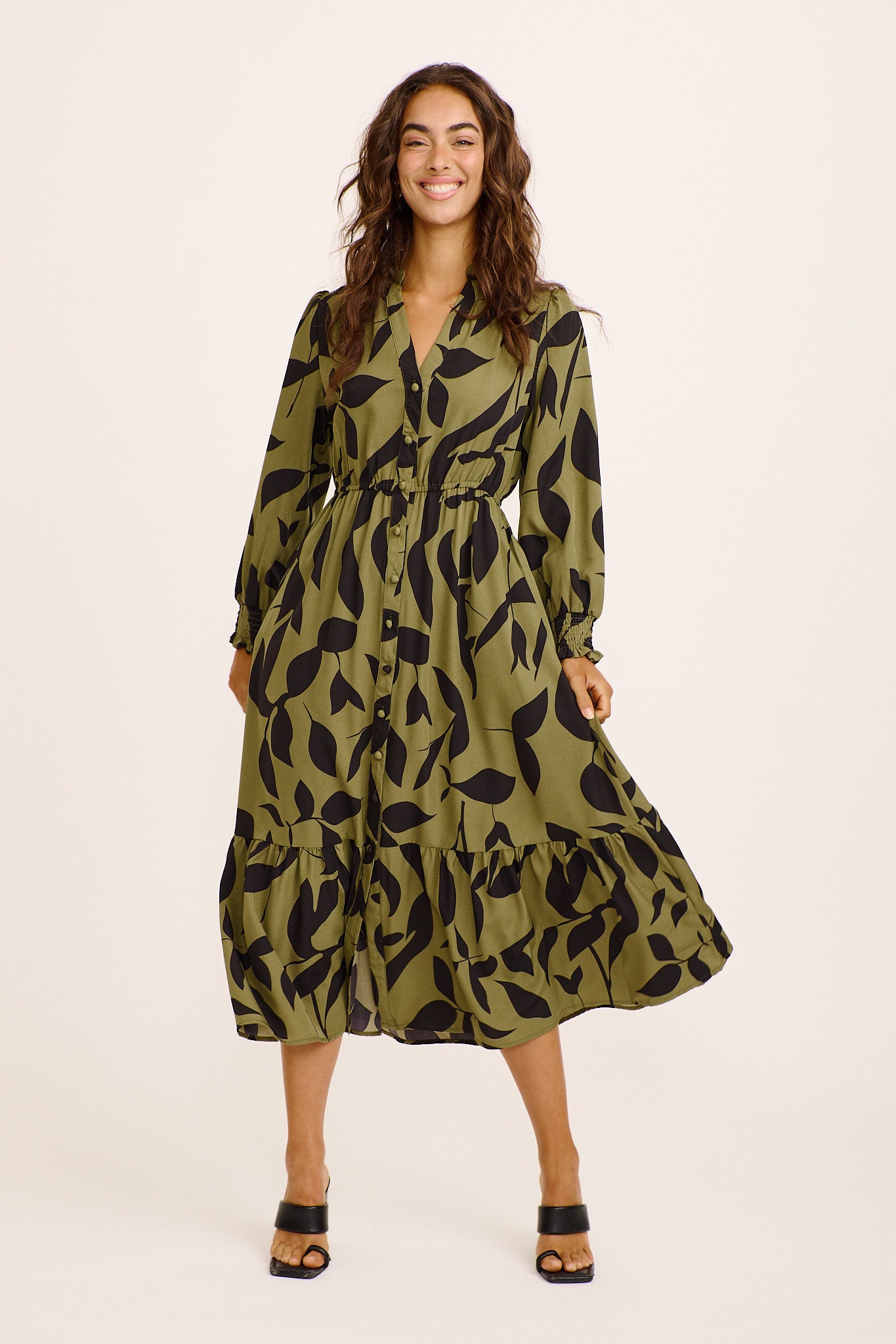 Ashford Midi Dress in Green with Black Print