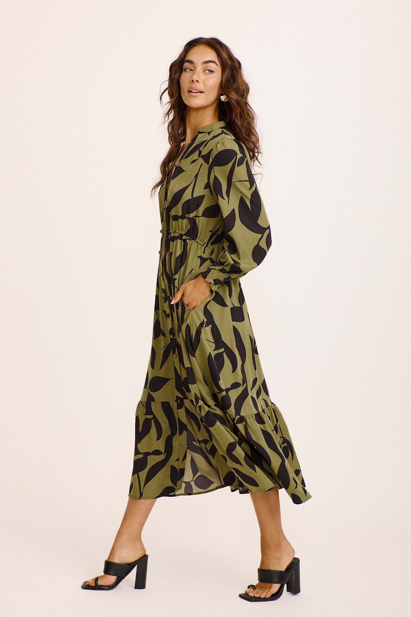 Ashford Midi Dress in Green with Black Print