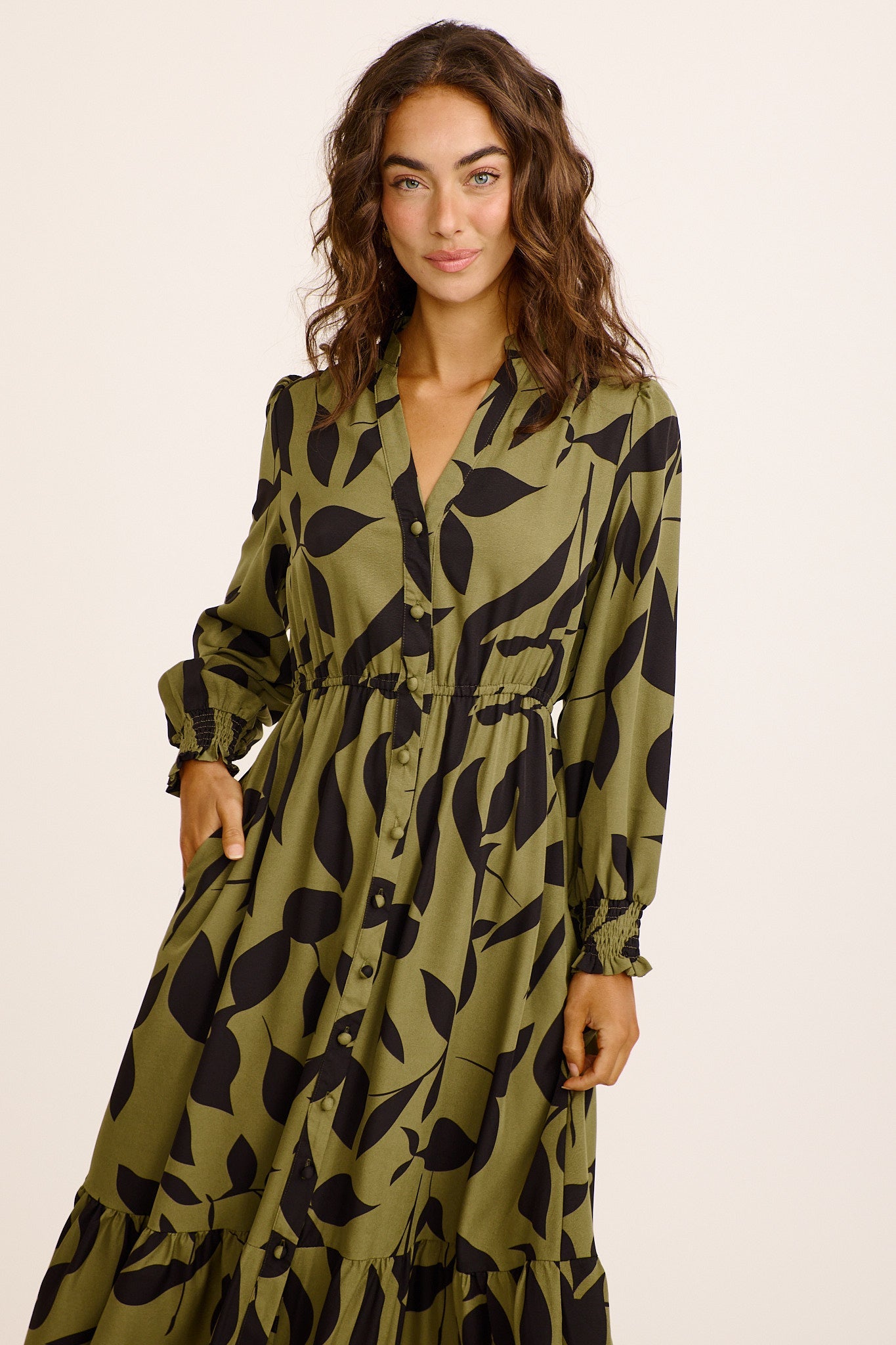 Ashford Midi Dress in Green with Black Print