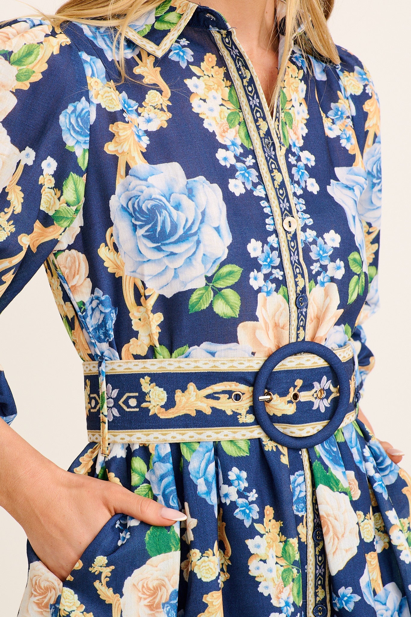 Azure Reverie Shirt Dress in Navy with Blue Floral Linen Blend