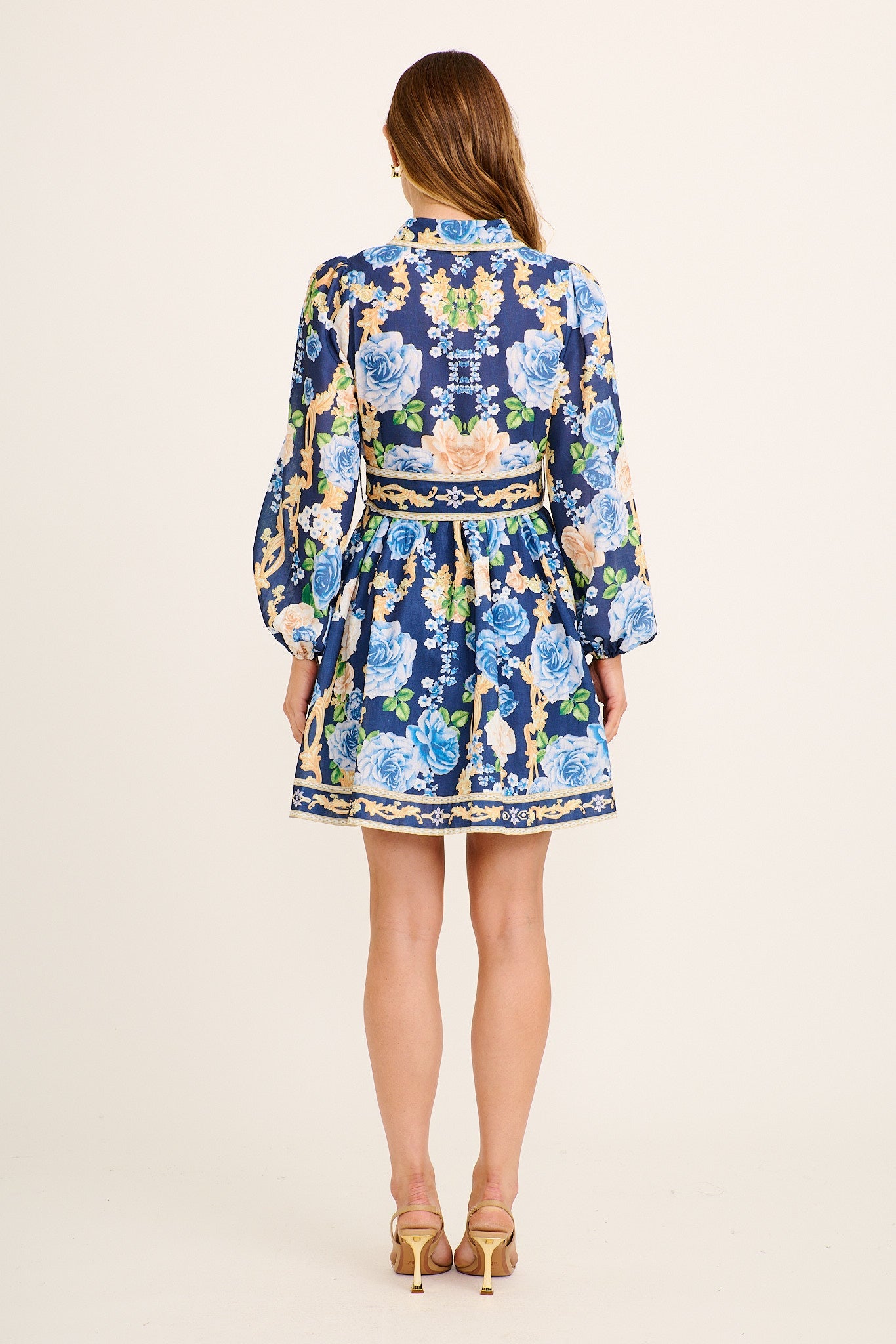Azure Reverie Shirt Dress in Navy with Blue Floral Linen Blend