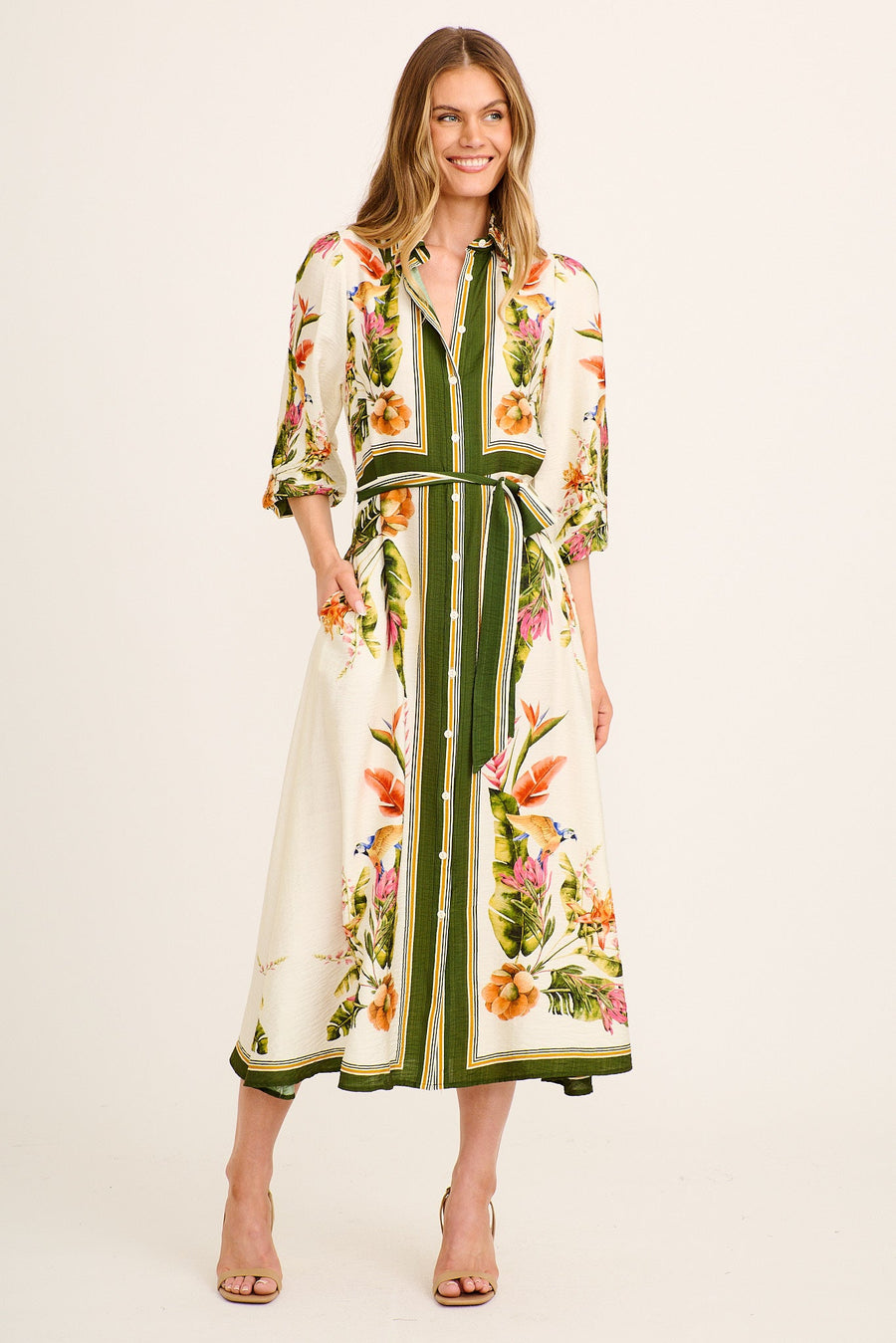 Aurelina Maxi Shirt Dress in Cream with Green Tropical Linen Blend