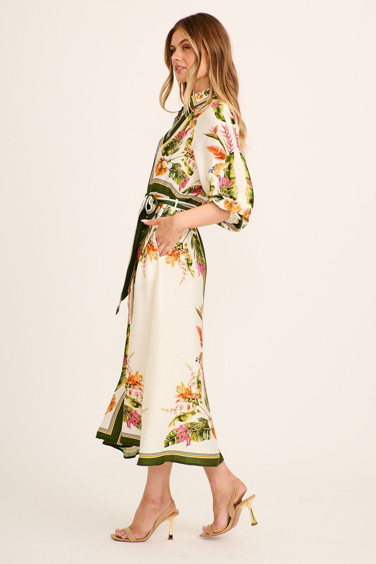 Aurelina Maxi Shirt Dress in Cream with Green Tropical Linen Blend