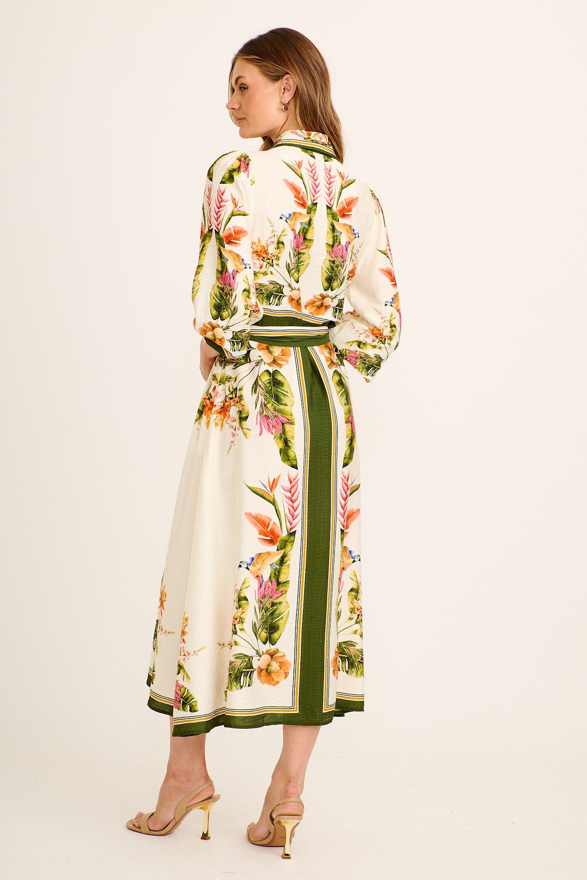 Aurelina Maxi Shirt Dress in Cream with Green Tropical Linen Blend