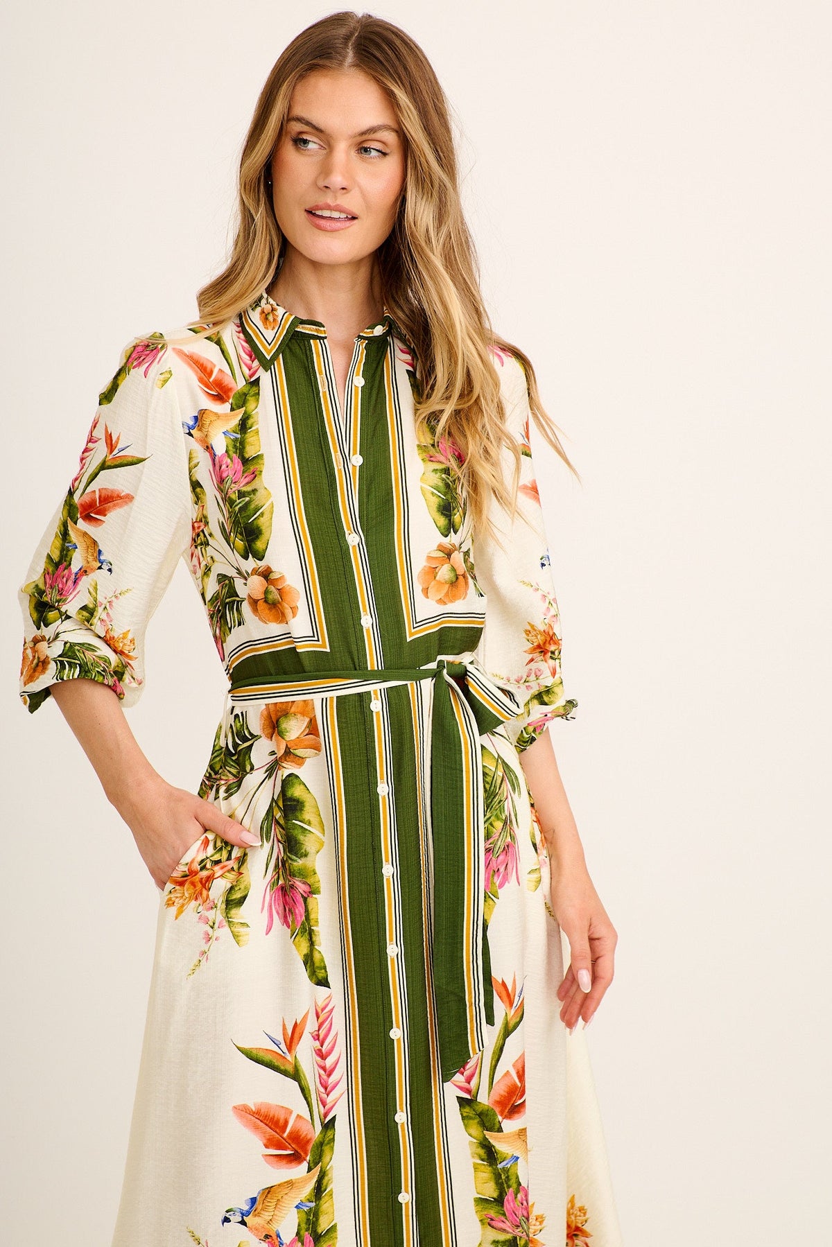 Aurelina Maxi Shirt Dress in Cream with Green Tropical Linen Blend