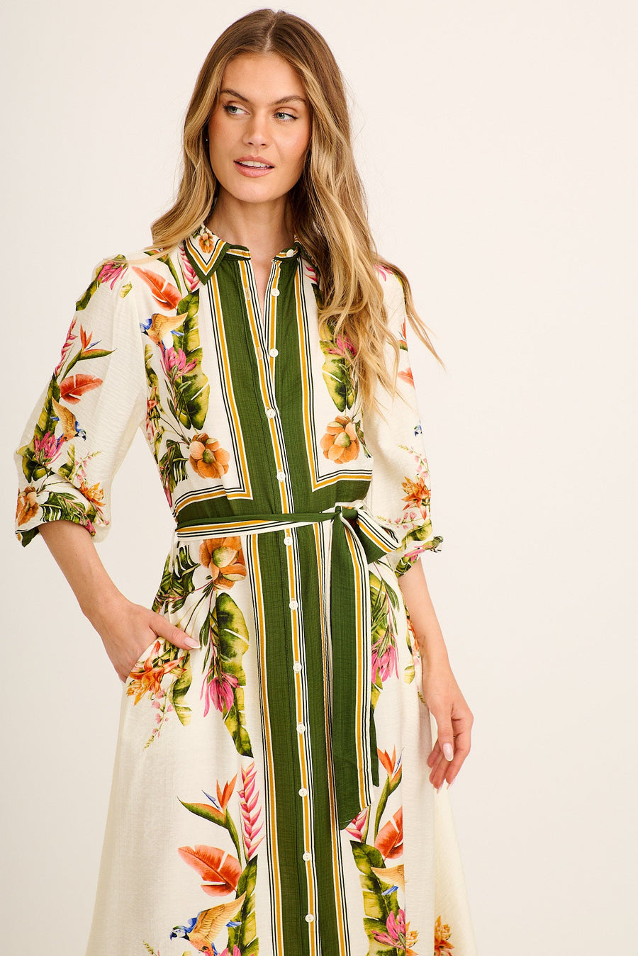 Aurelina Maxi Shirt Dress in Cream with Green Tropical Linen Blend