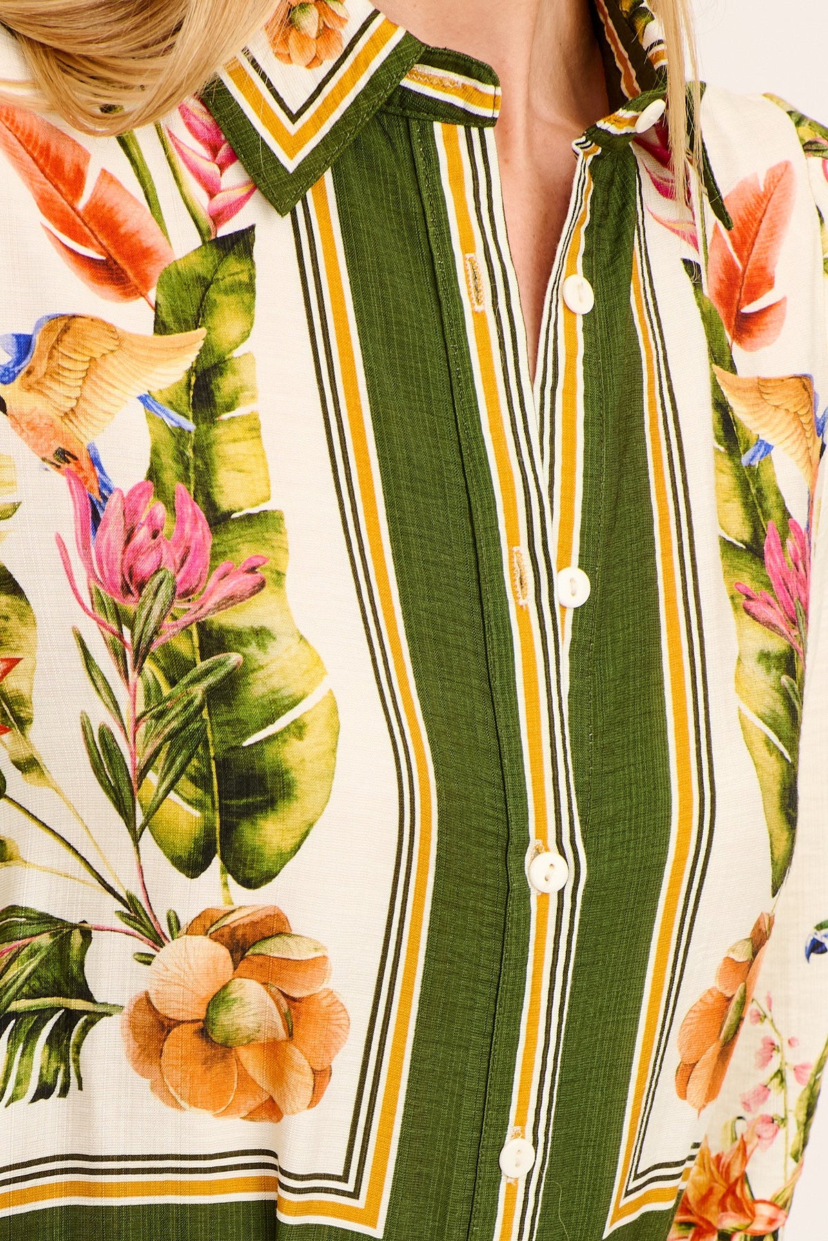 Aurelina Maxi Shirt Dress in Cream with Green Tropical Linen Blend