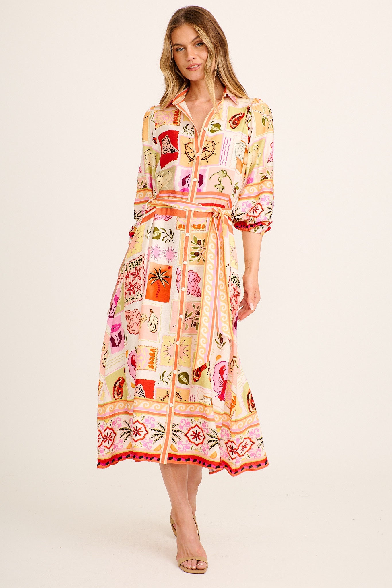 Aurelina Maxi Shirt Dress in Cream Novelty Print Linen Blend