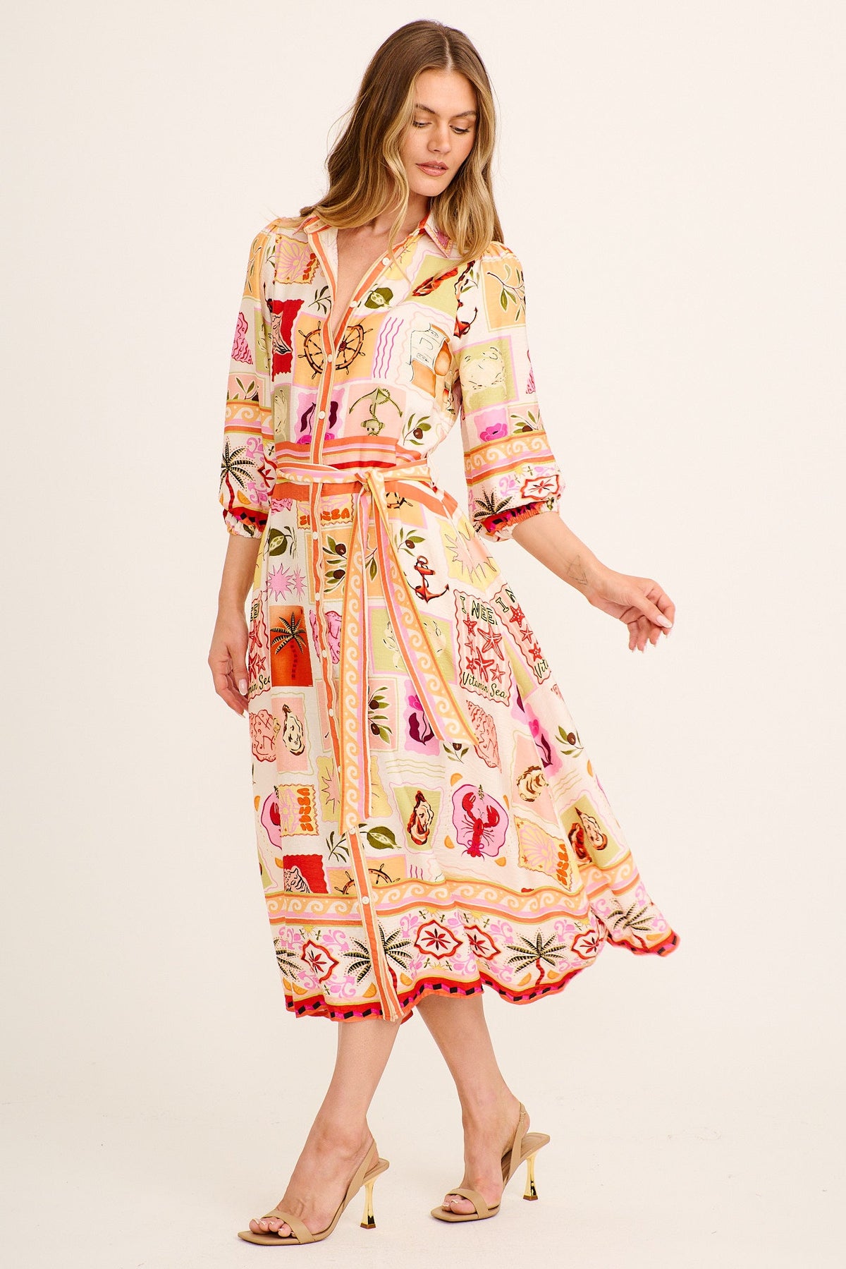 Aurelina Maxi Shirt Dress in Cream Novelty Print Linen Blend