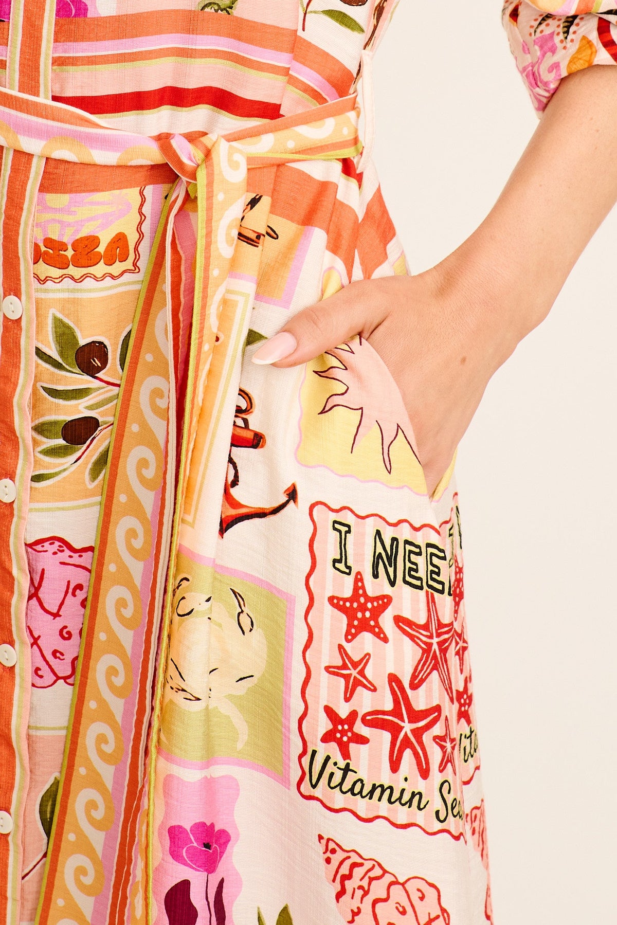 Aurelina Maxi Shirt Dress in Cream Novelty Print Linen Blend